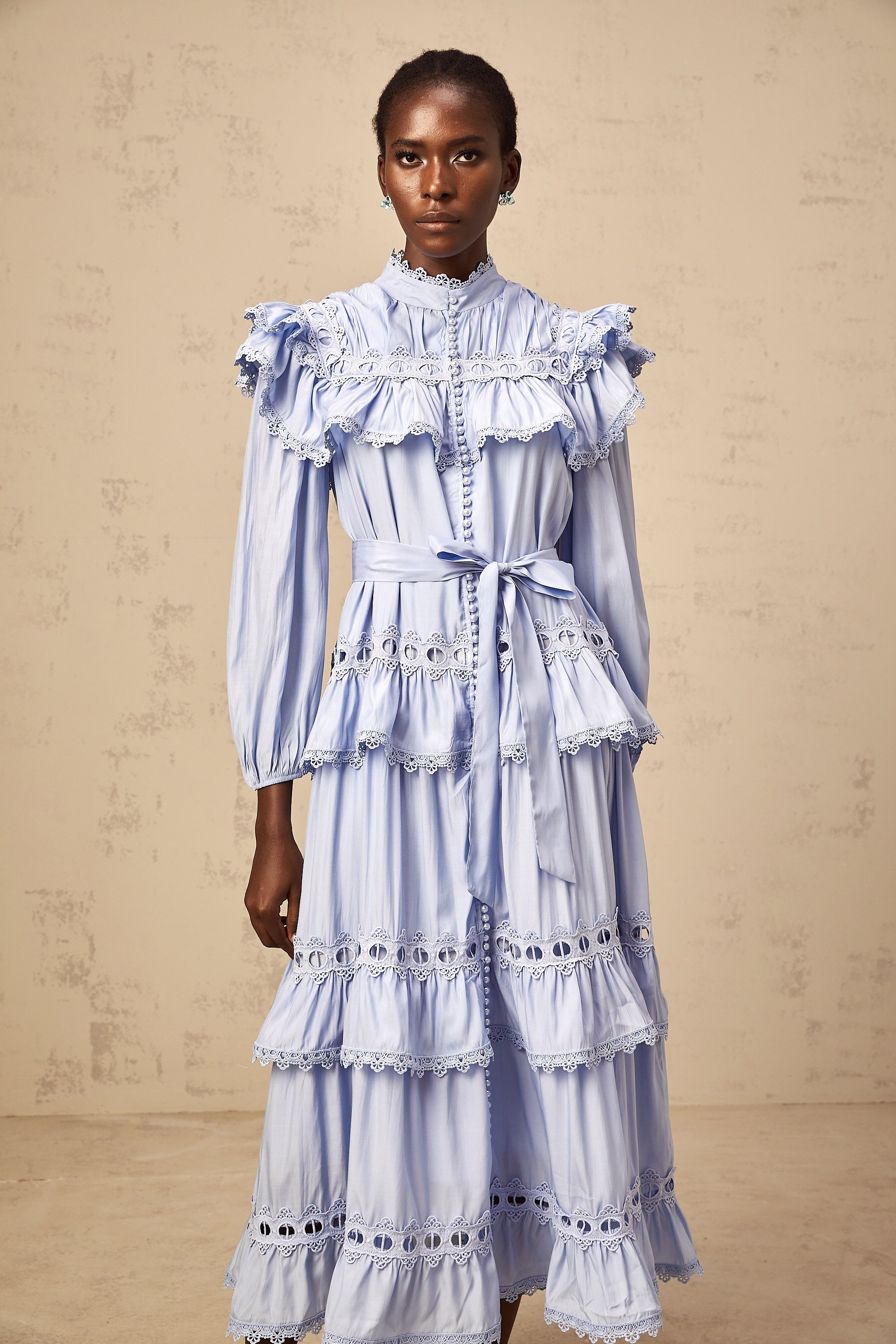 Véronique blue lace-trim tiered midi dress