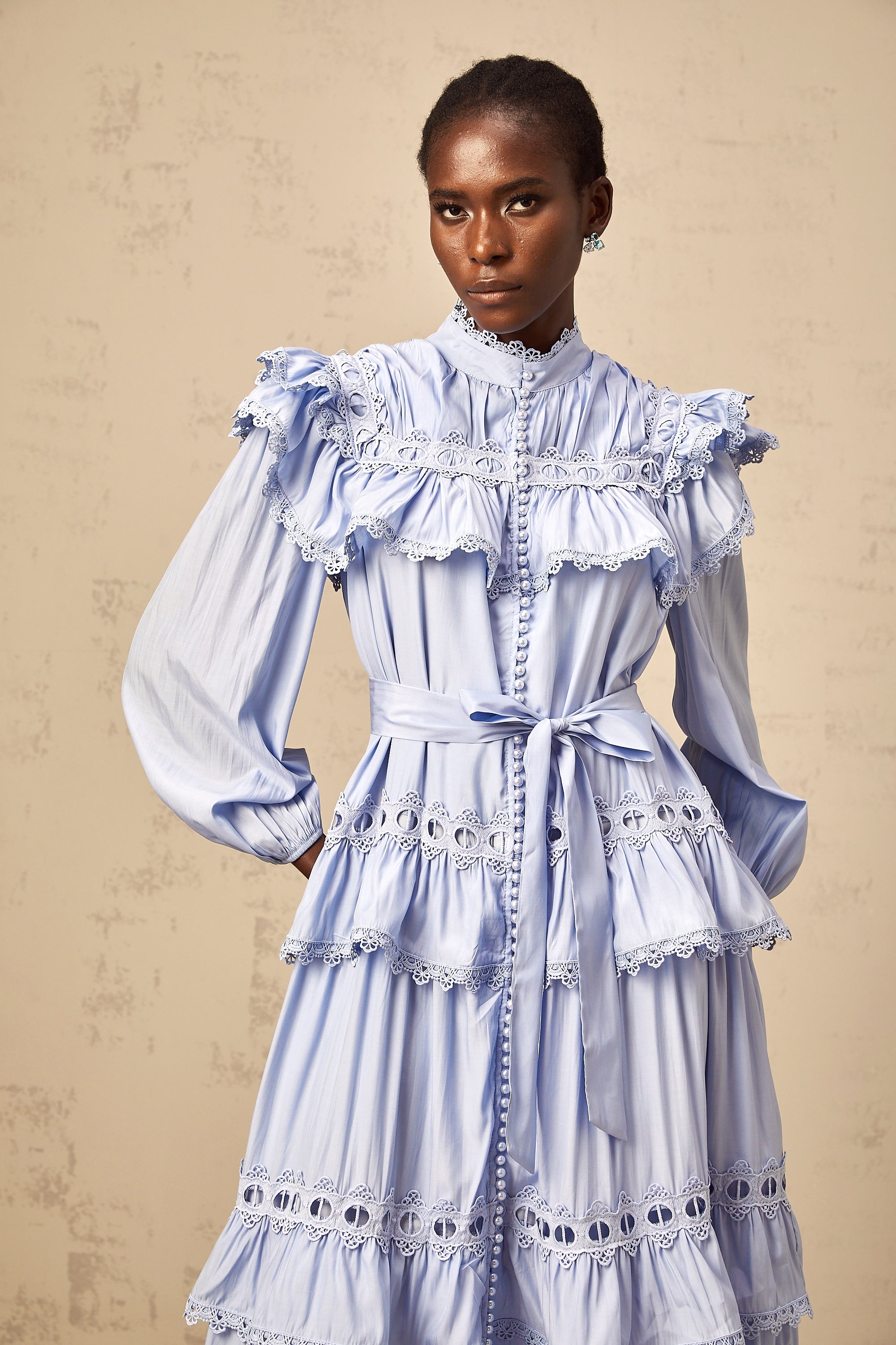 Véronique blue lace-trim tiered midi dress