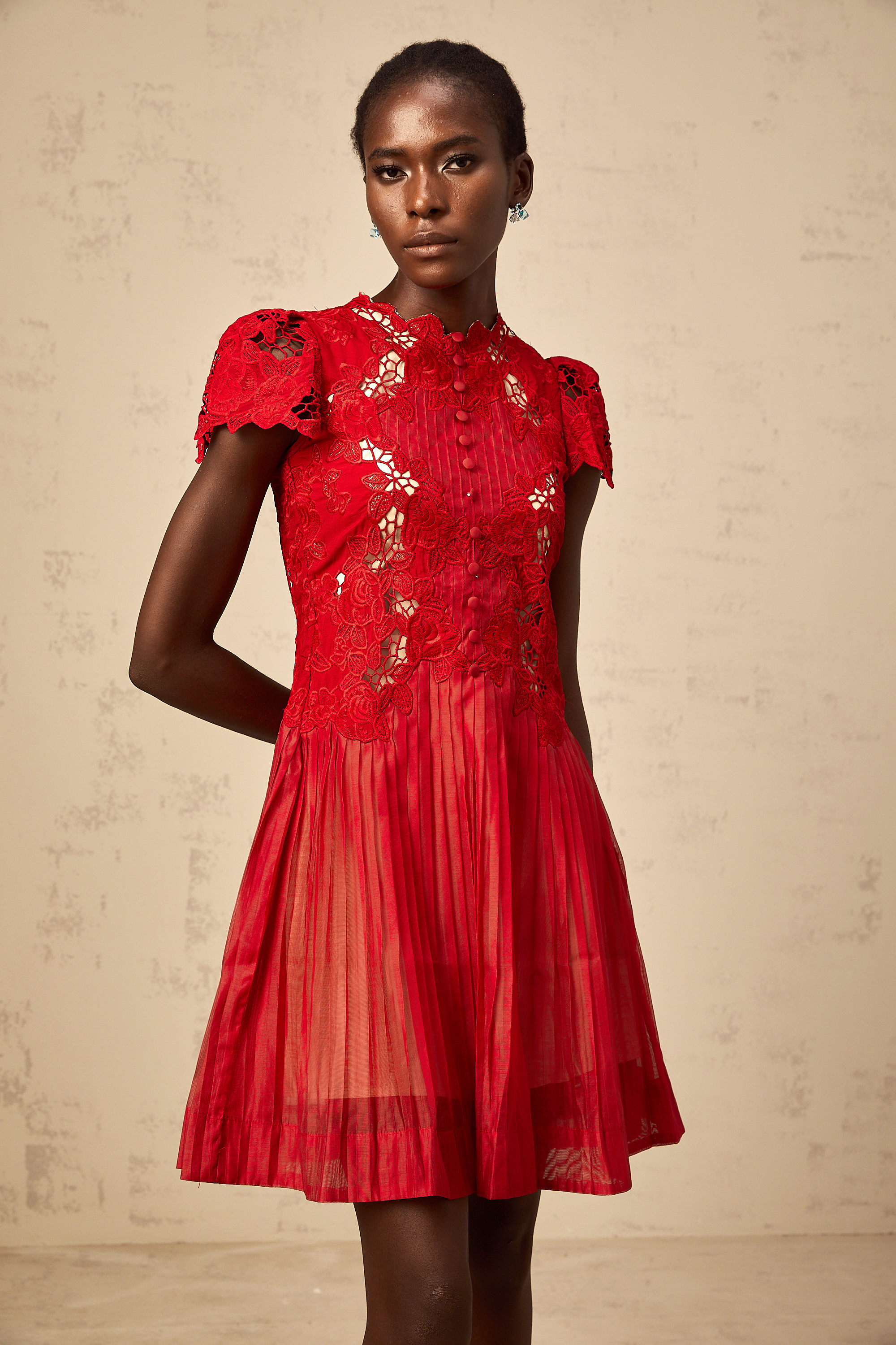 Corinne – Rotes, plissiertes Minikleid mit Blumenstickerei