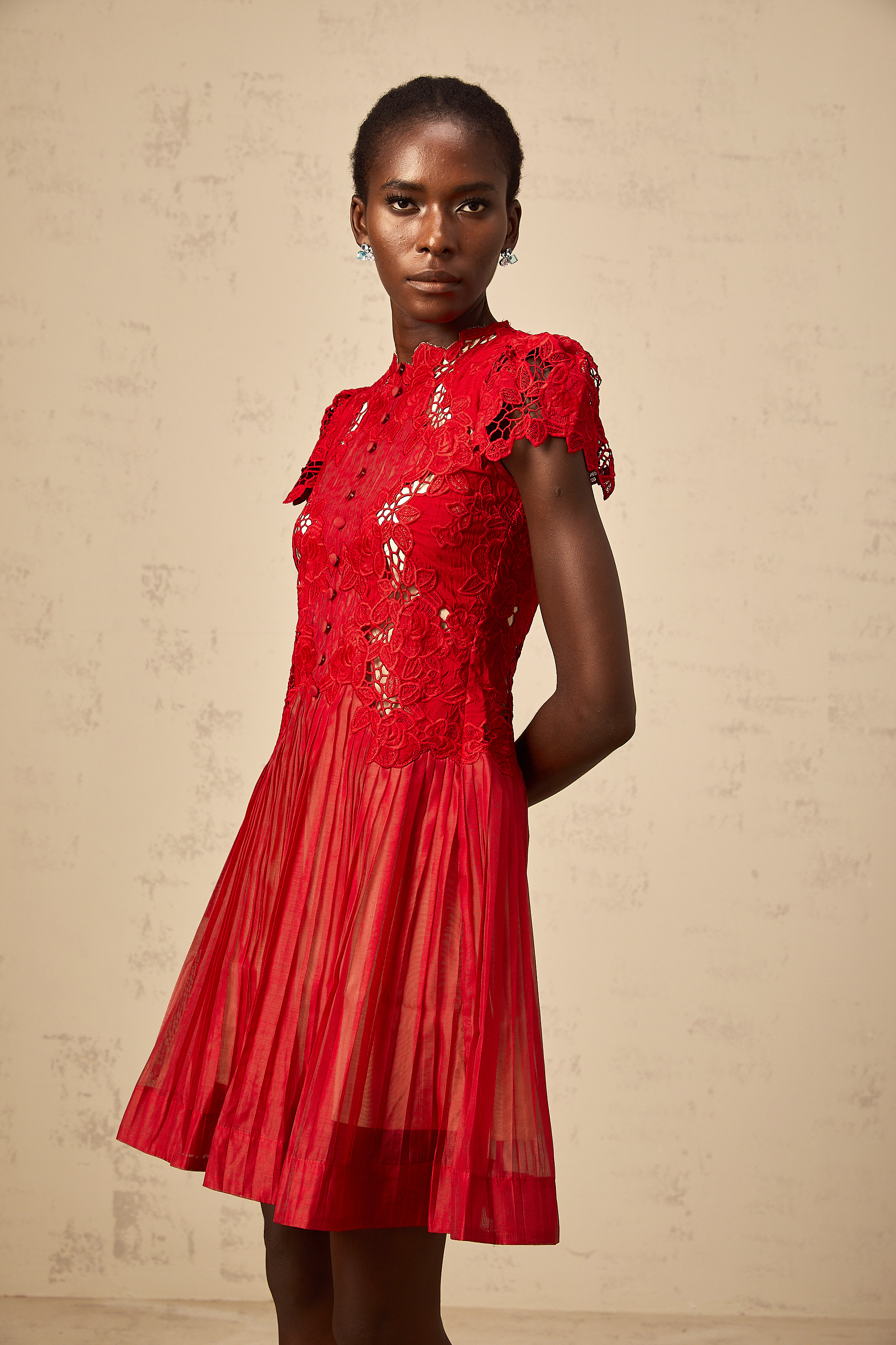 Corinne – Rotes, plissiertes Minikleid mit Blumenstickerei