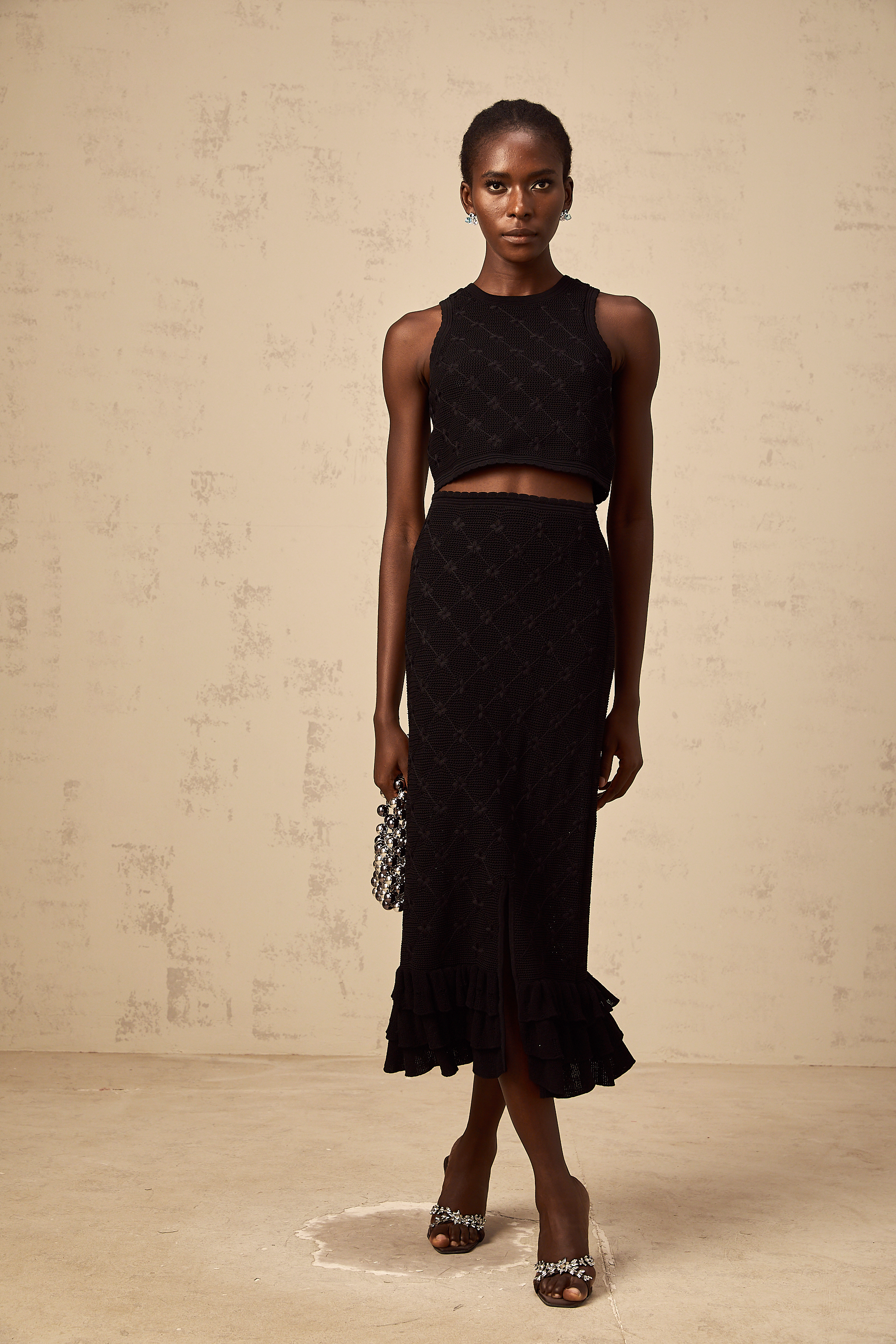 Joëlle black crochet-knit top & skirt matching set