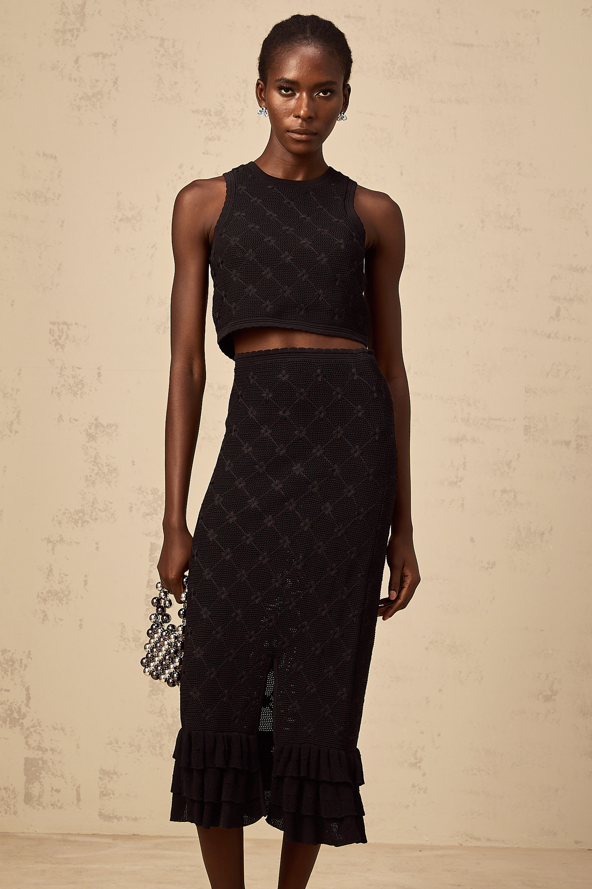 Joëlle black crochet-knit top & skirt matching set