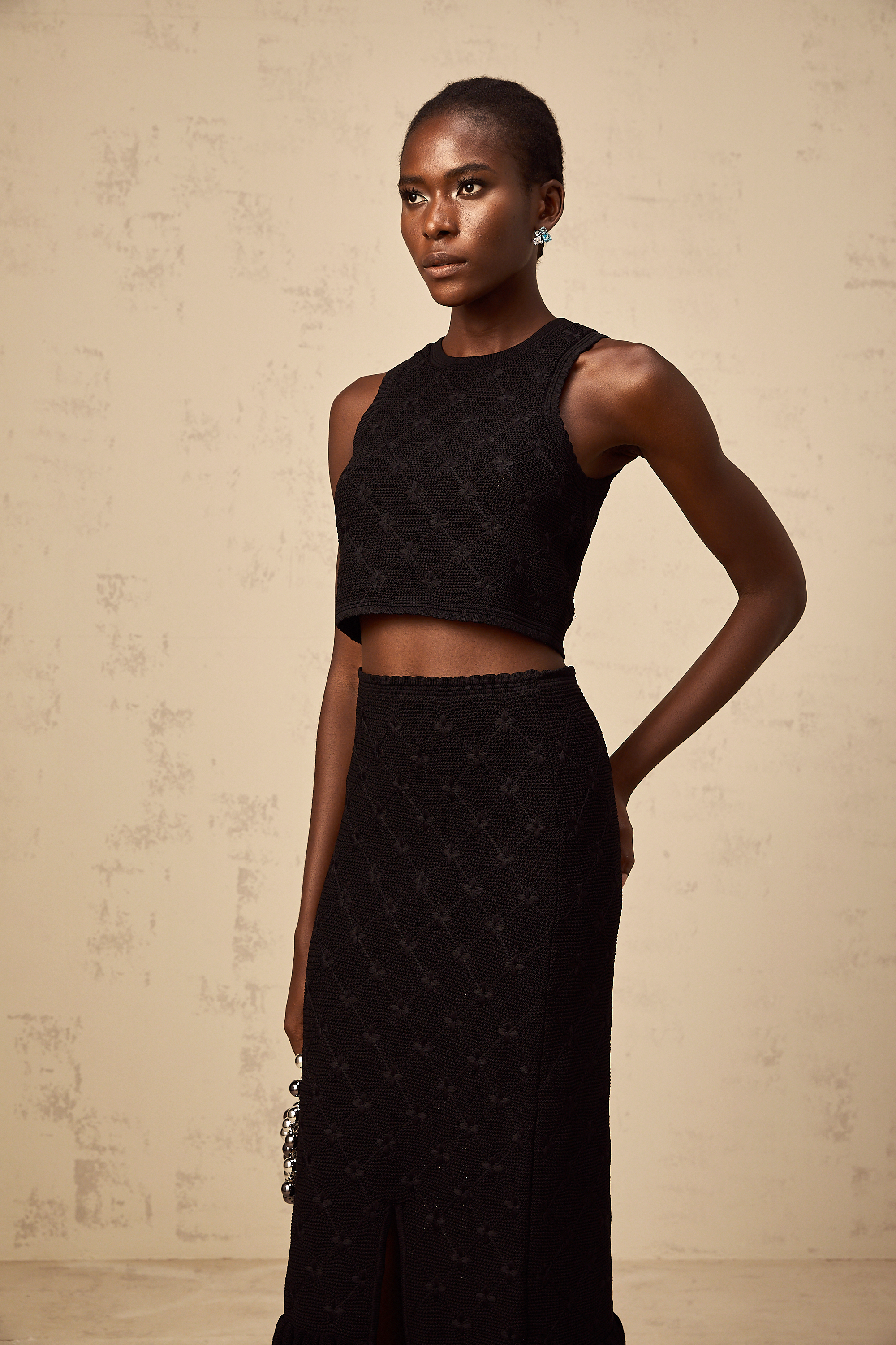 Joëlle black crochet-knit top & skirt matching set