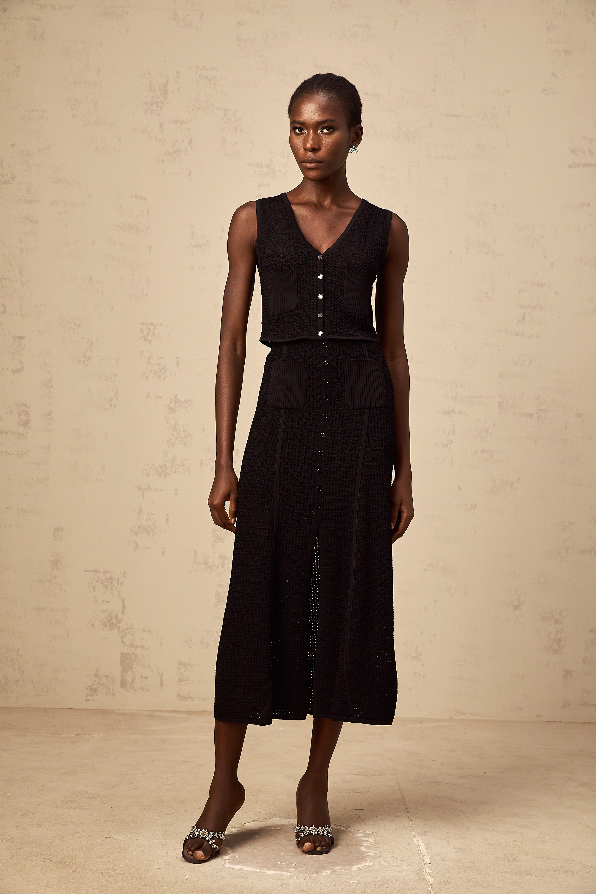 Babette black pointelle-knit top & skirt matching set