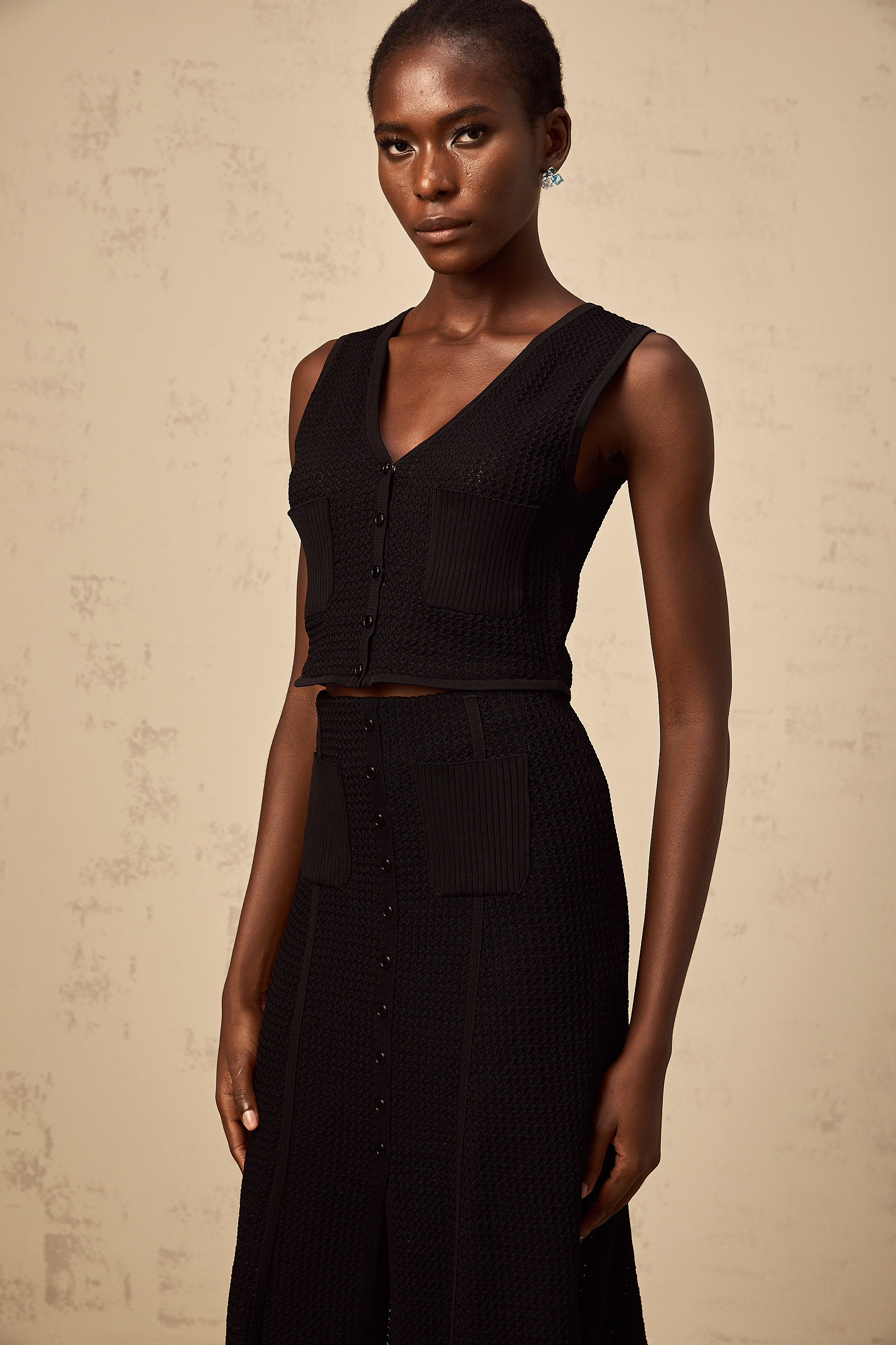 Babette black pointelle-knit top & skirt matching set