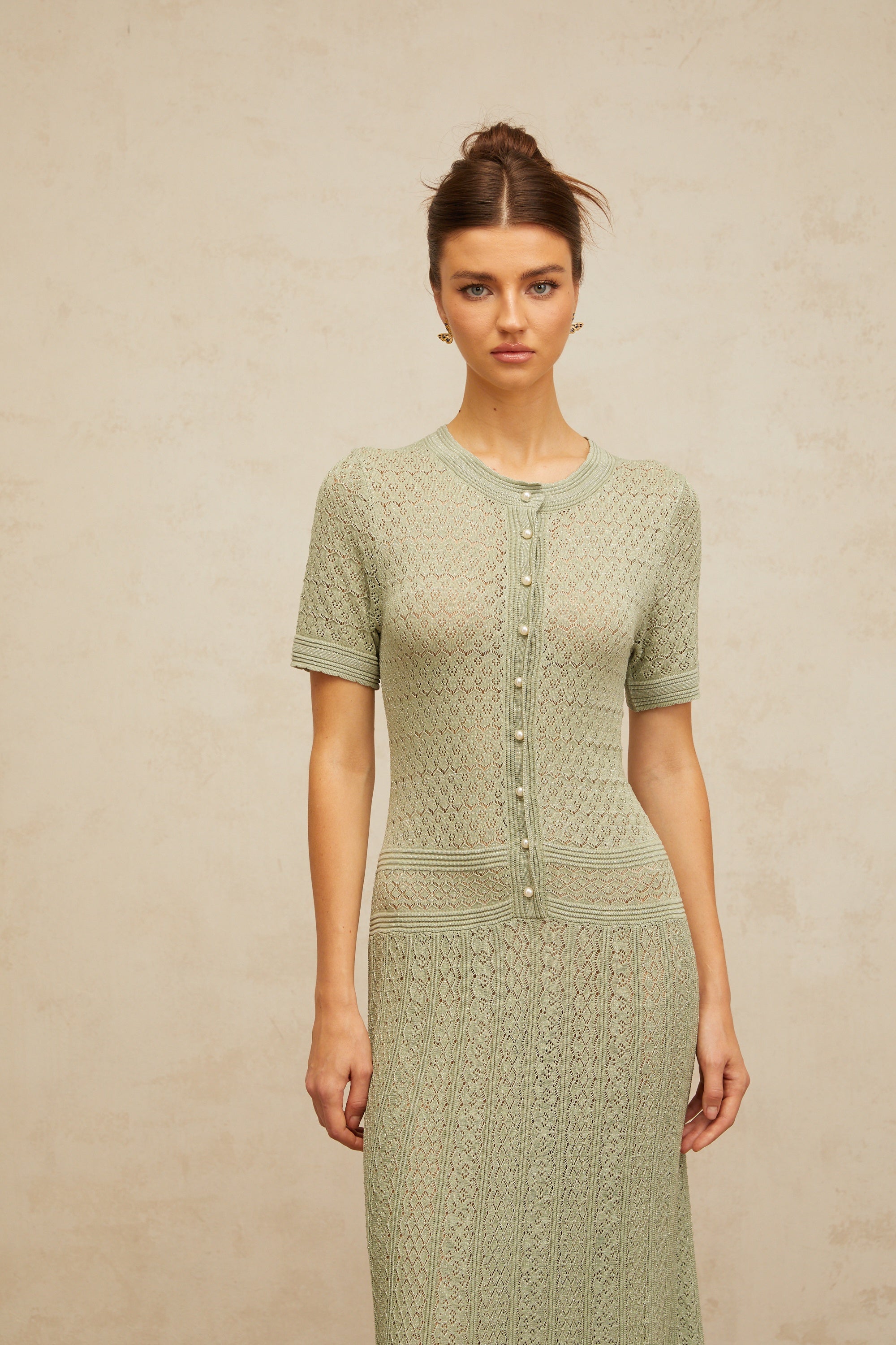 Siena green shirred crochet-knit maxi dress