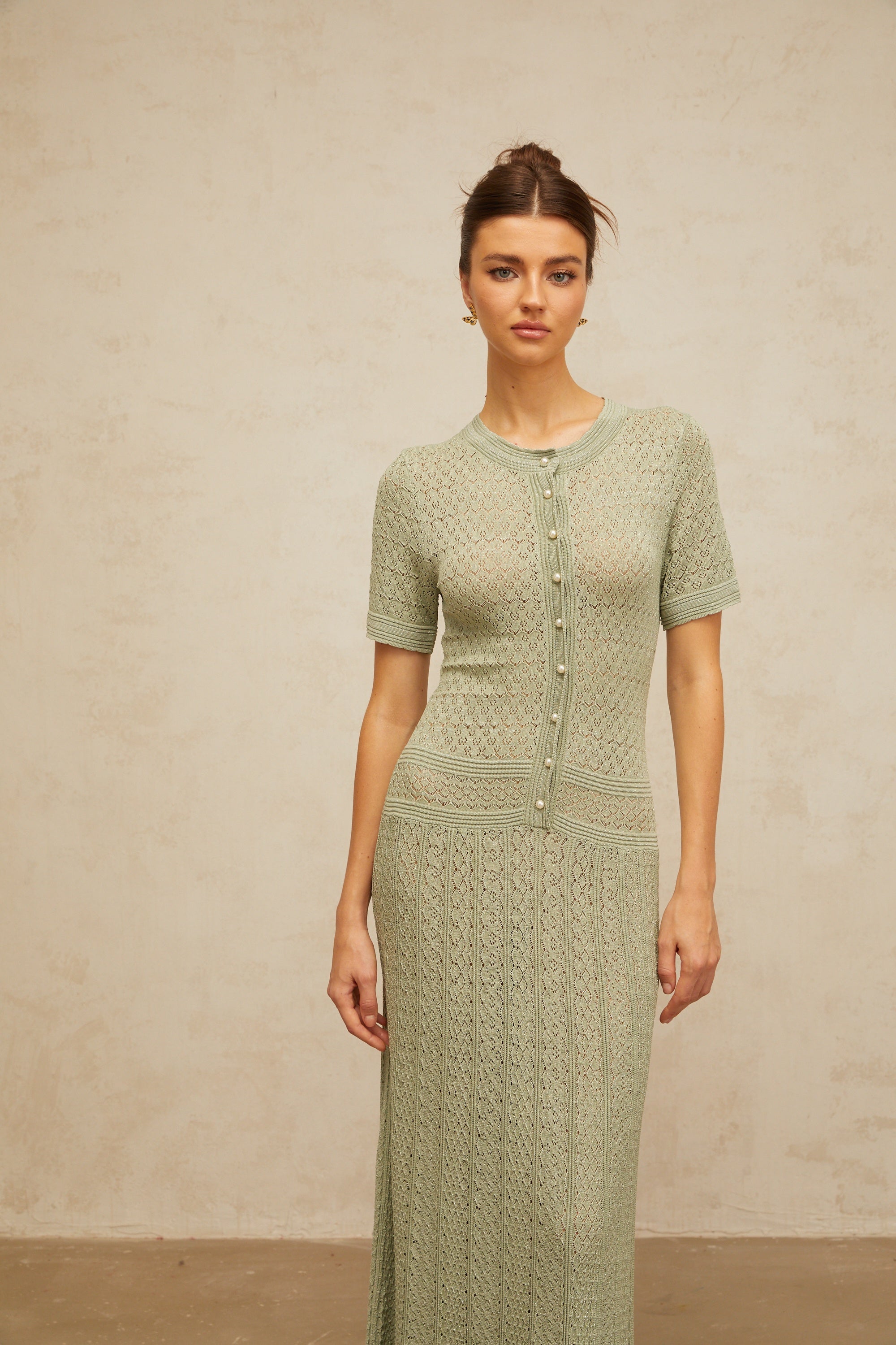 Siena green shirred crochet-knit maxi dress