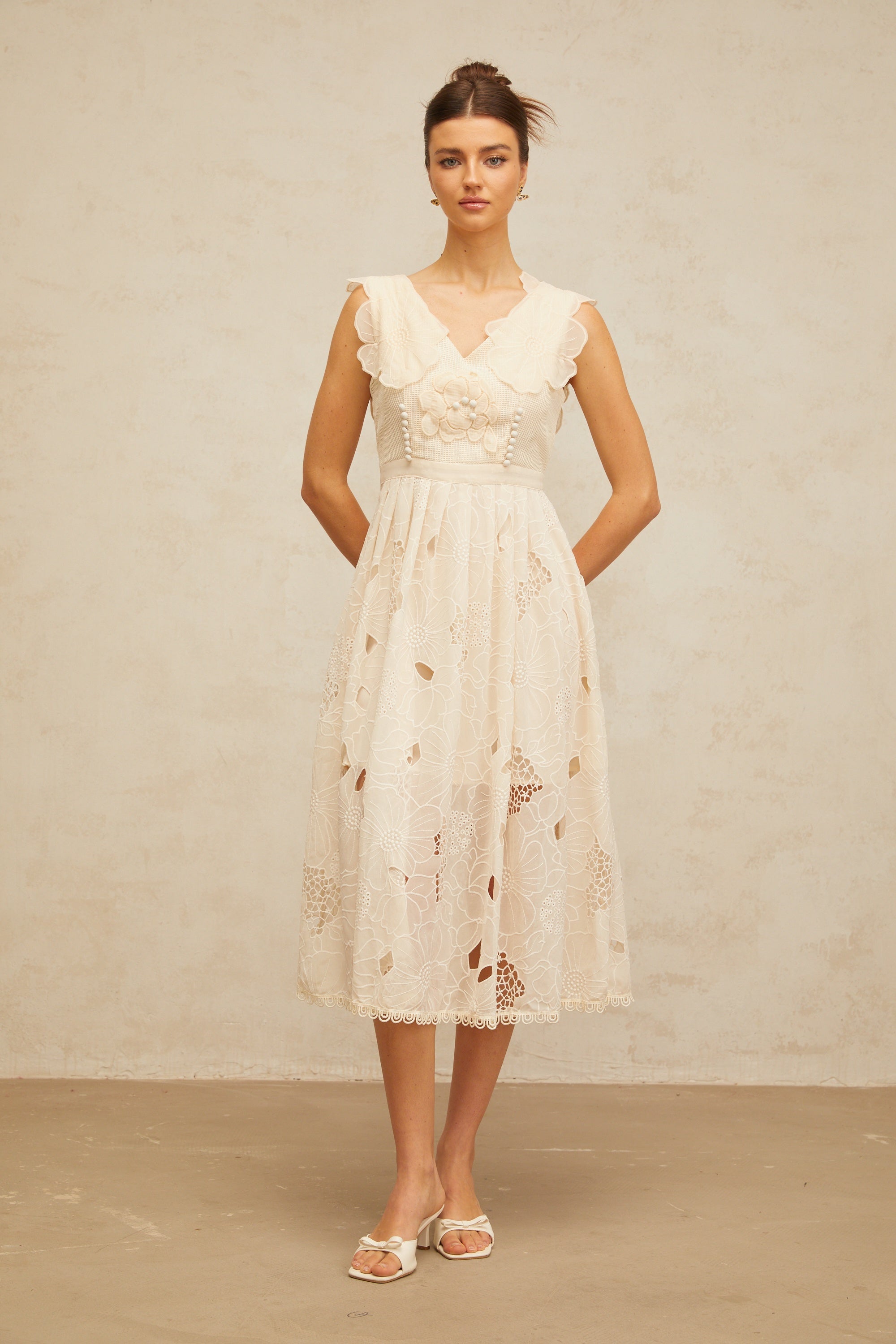 Anaïs neutrals beaded floral-embroidered midi dress