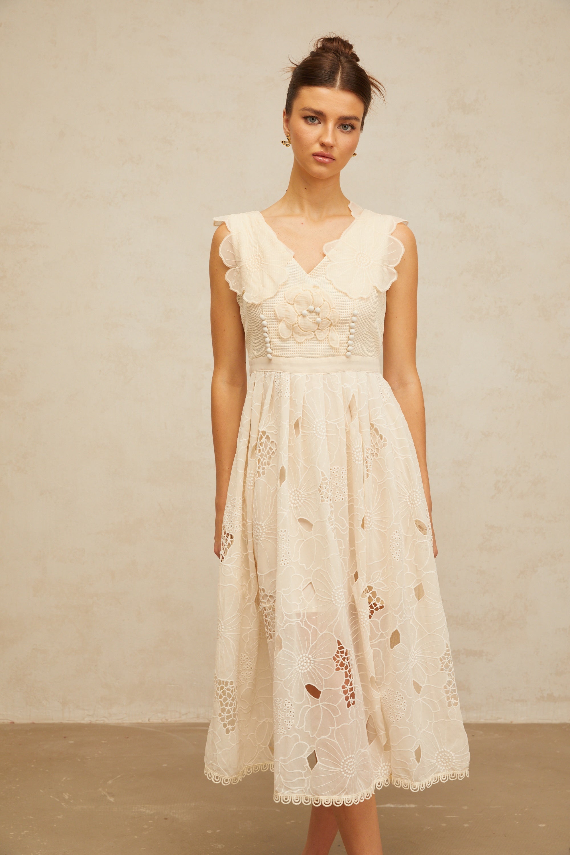 Anaïs neutrals beaded floral-embroidered midi dress