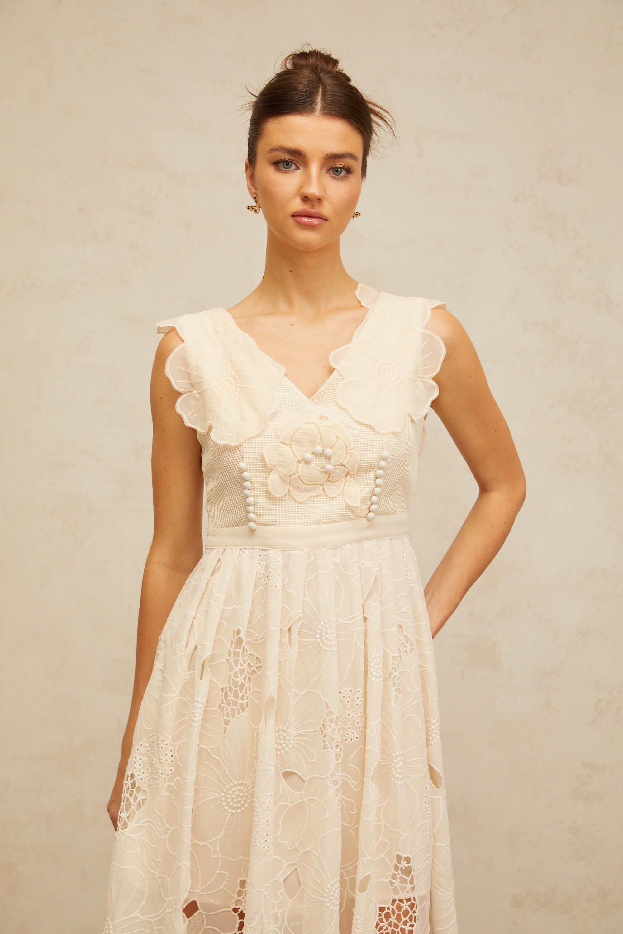 Anaïs neutrals beaded floral-embroidered midi dress