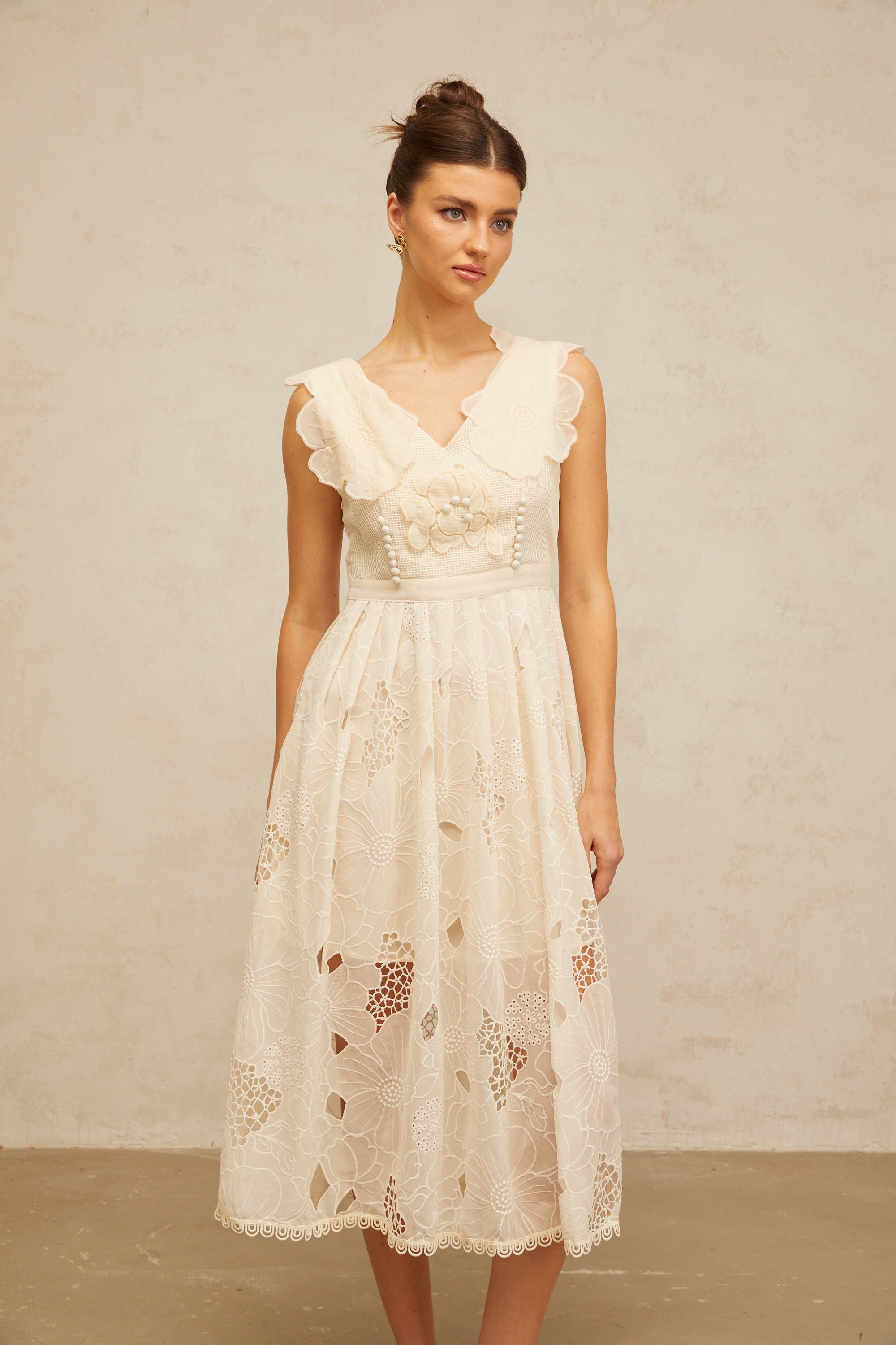 Anaïs neutrals beaded floral-embroidered midi dress