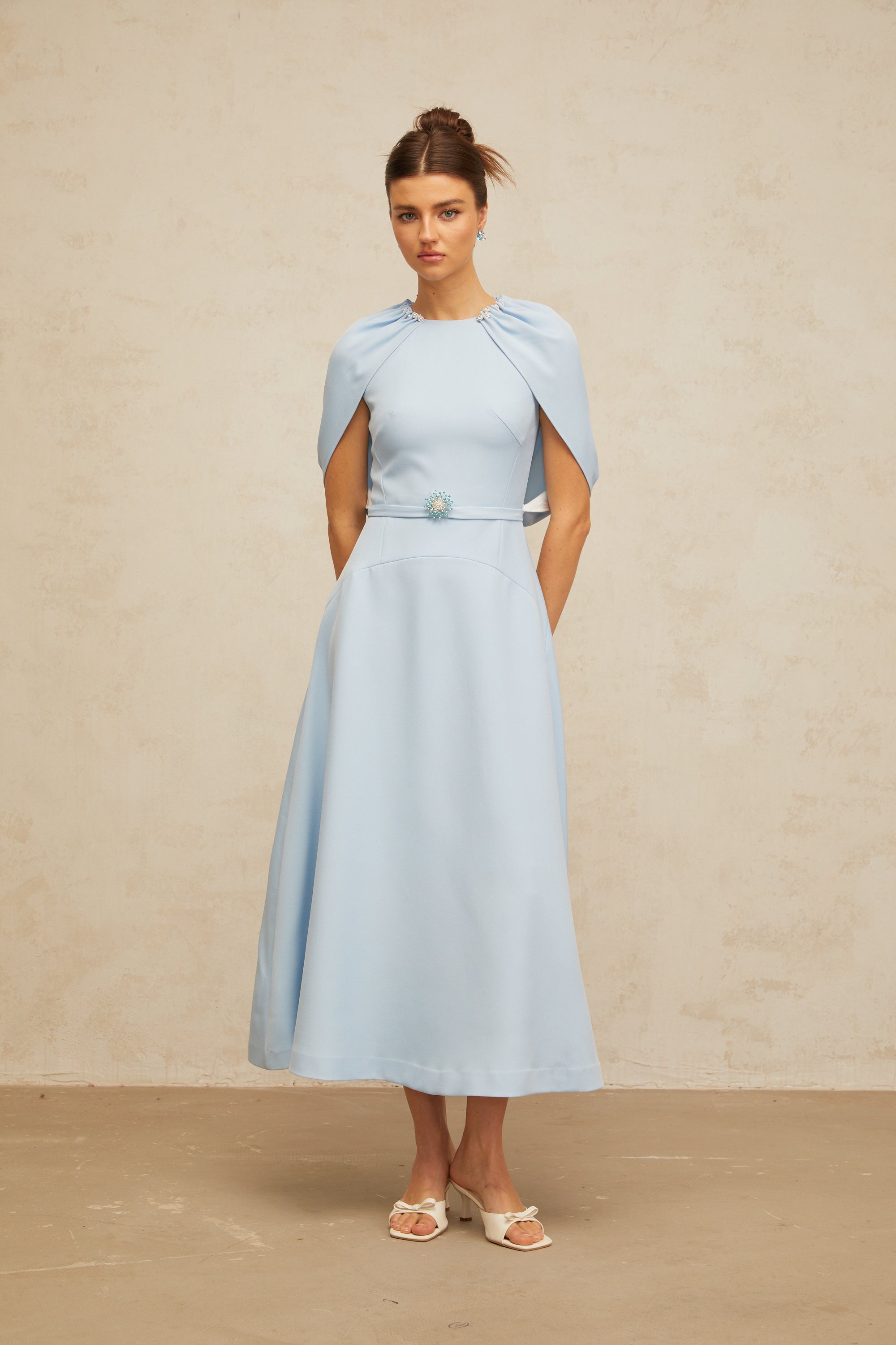 Lina blue shawl-panel embellished midi dress (Final Sale)