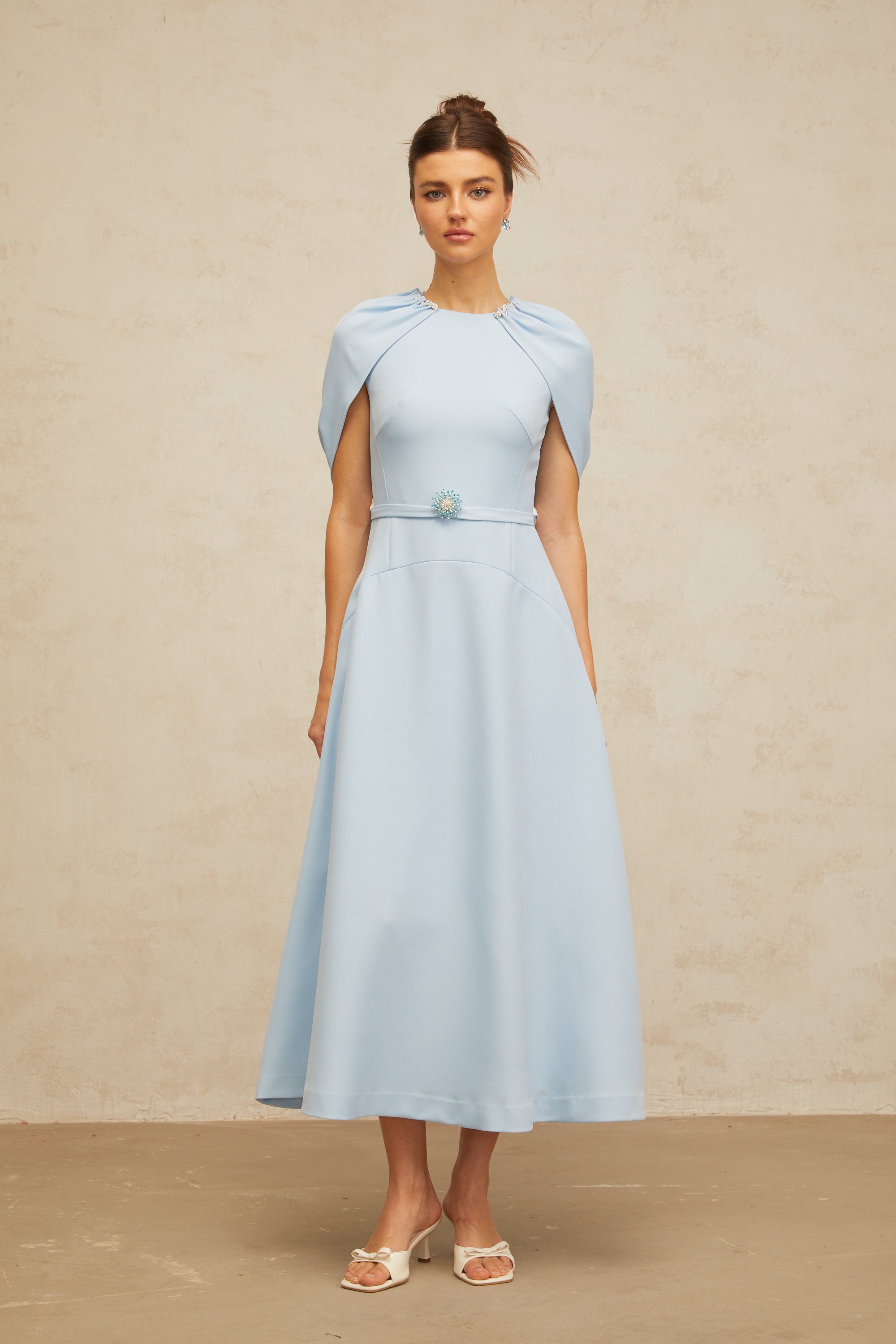 Lina blue shawl-panel embellished midi dress (Final Sale)