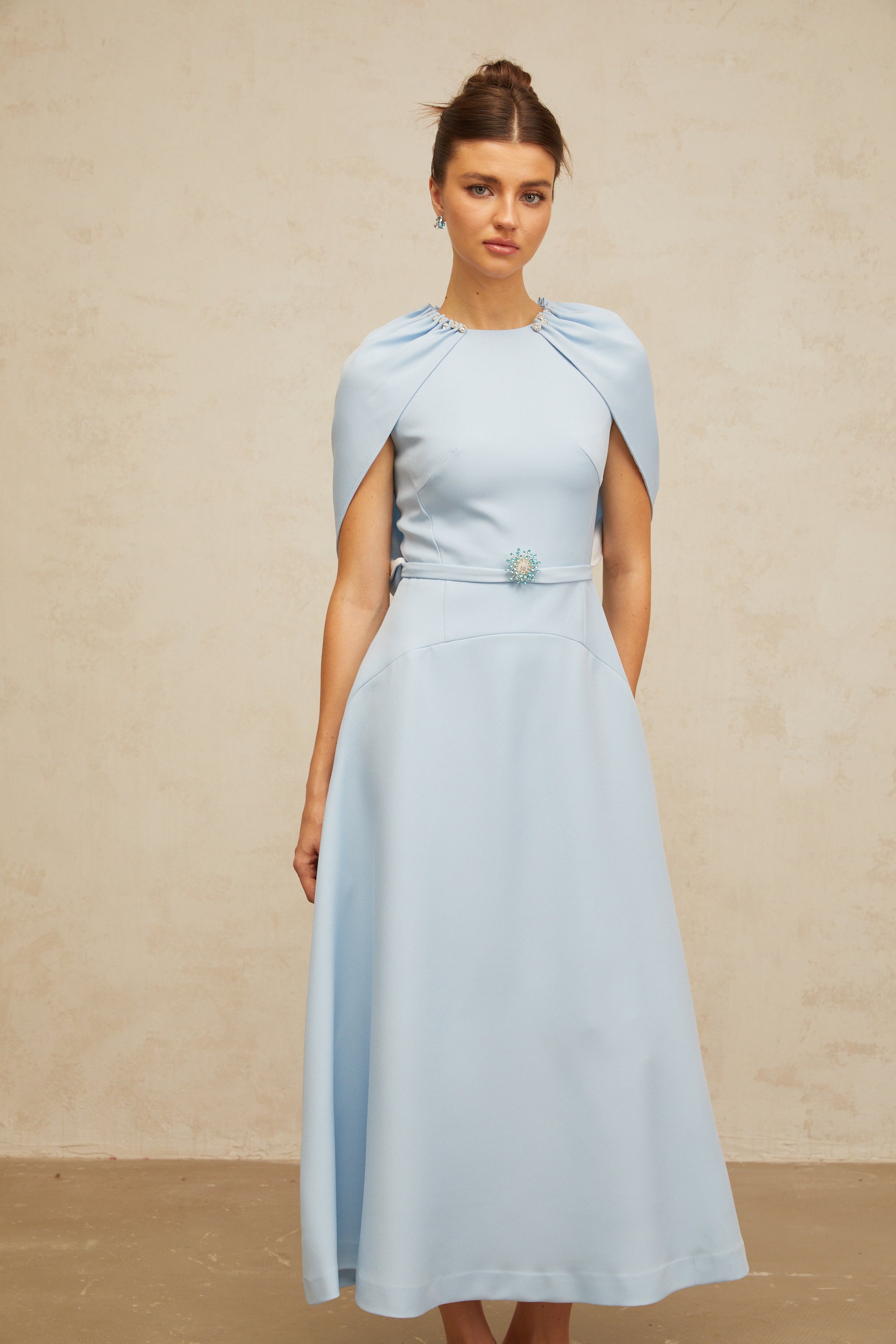 Lina blue shawl-panel embellished midi dress (Final Sale)