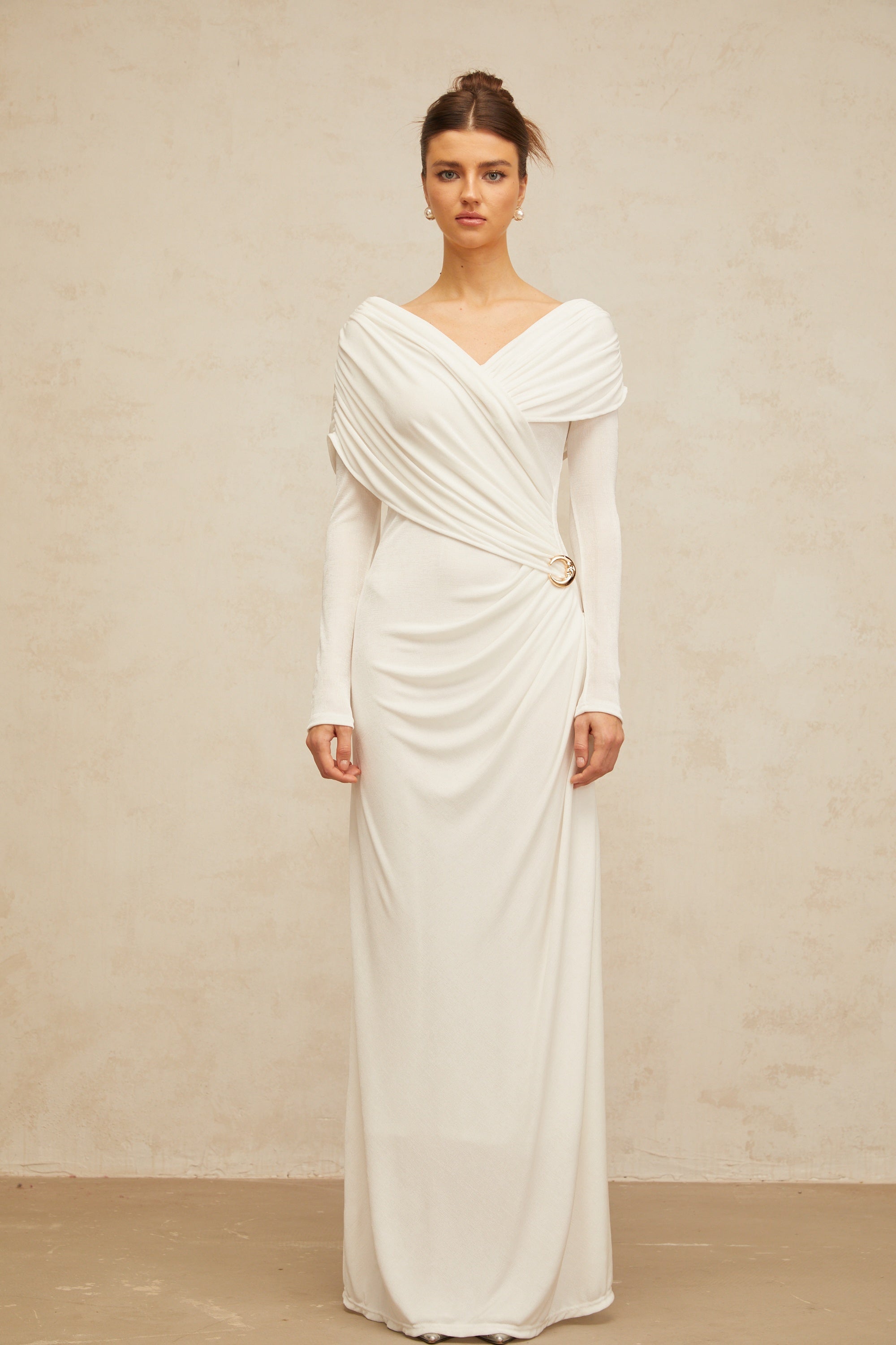 Hélène ruched fitted stretch maxi dress in White