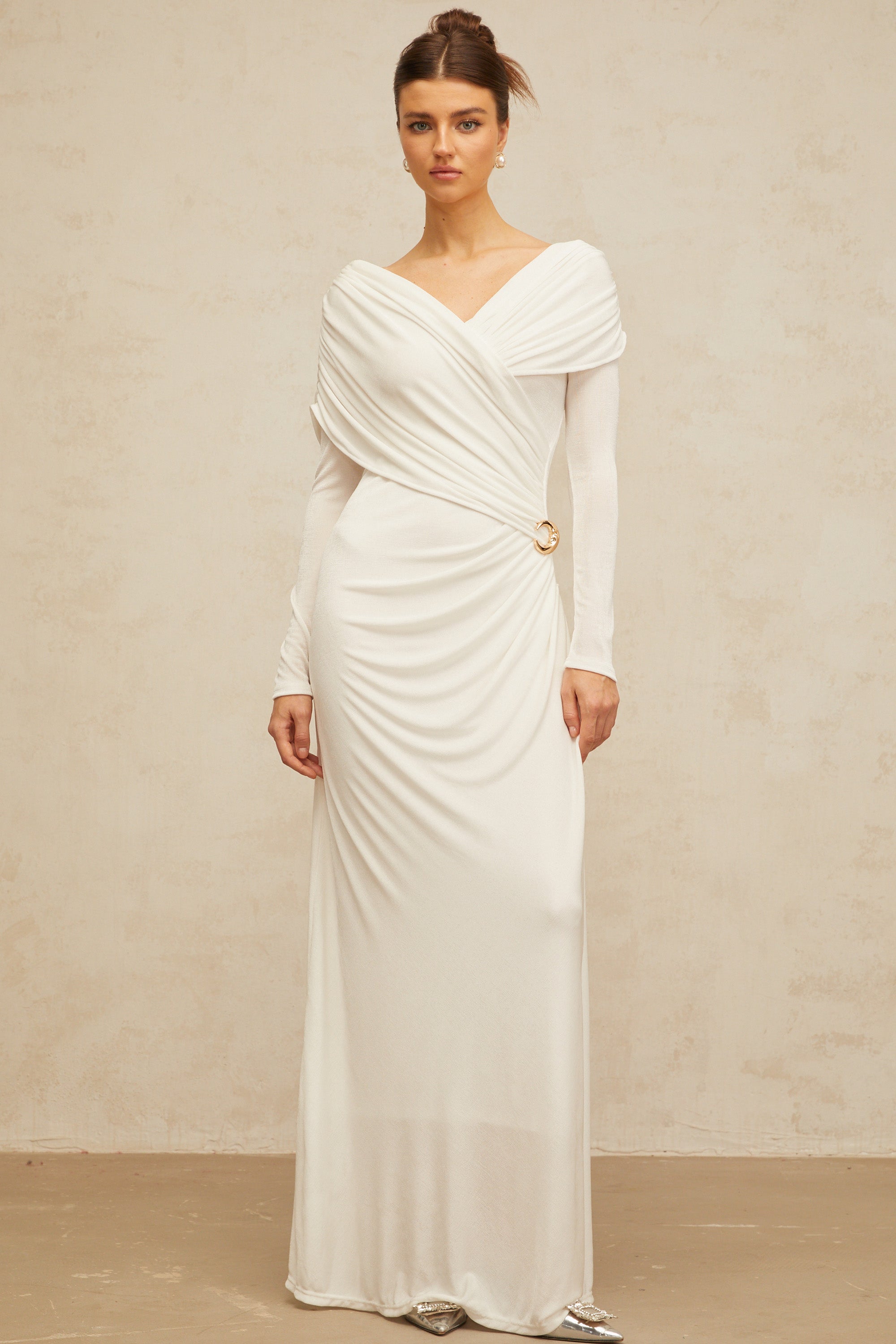 Hélène ruched fitted stretch maxi dress in White