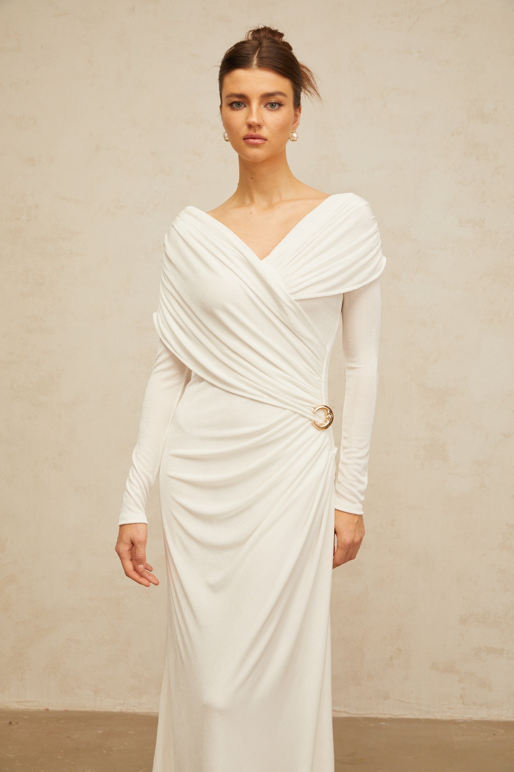 Hélène ruched fitted stretch maxi dress in White