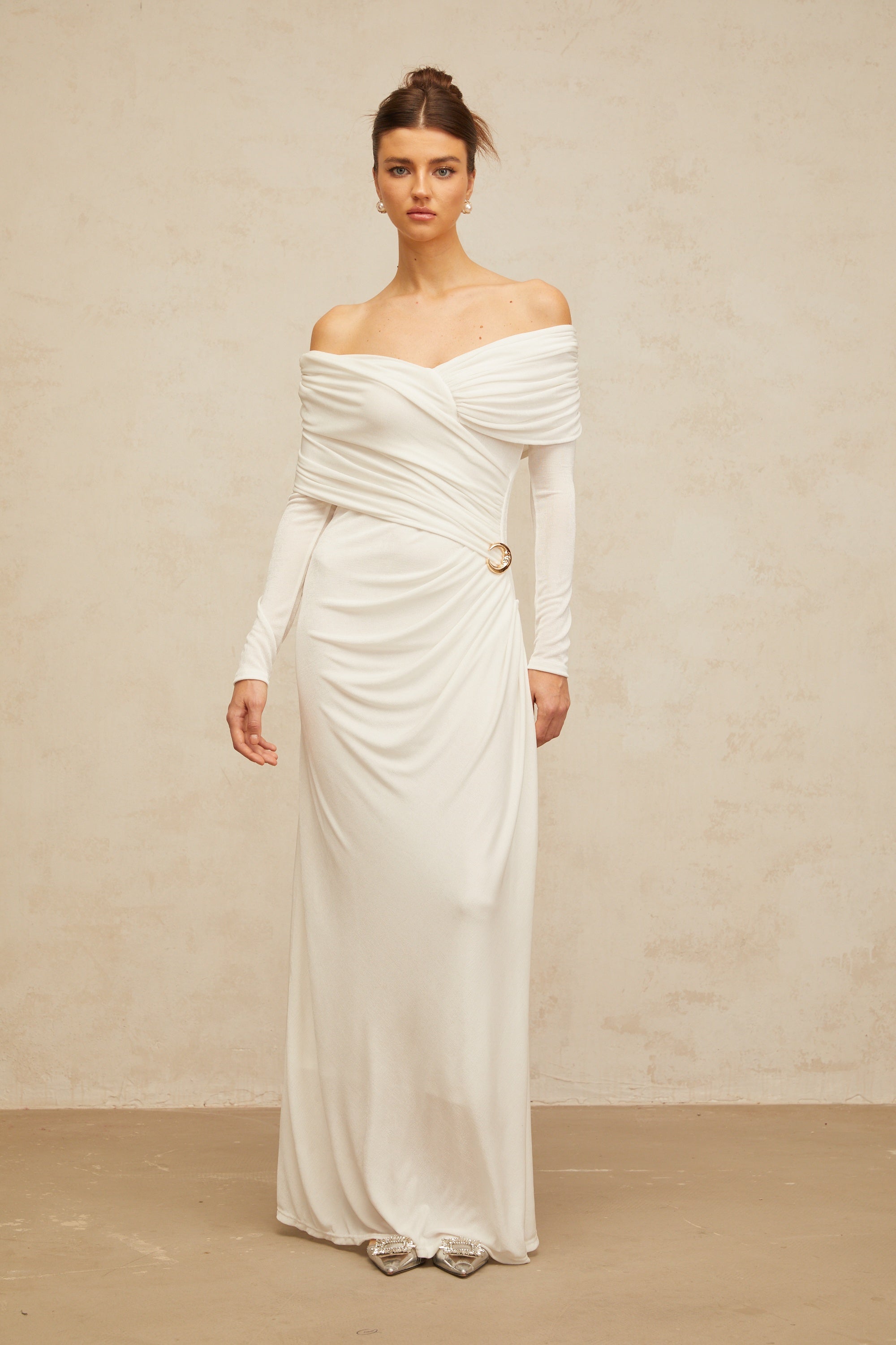 Hélène ruched fitted stretch maxi dress in White