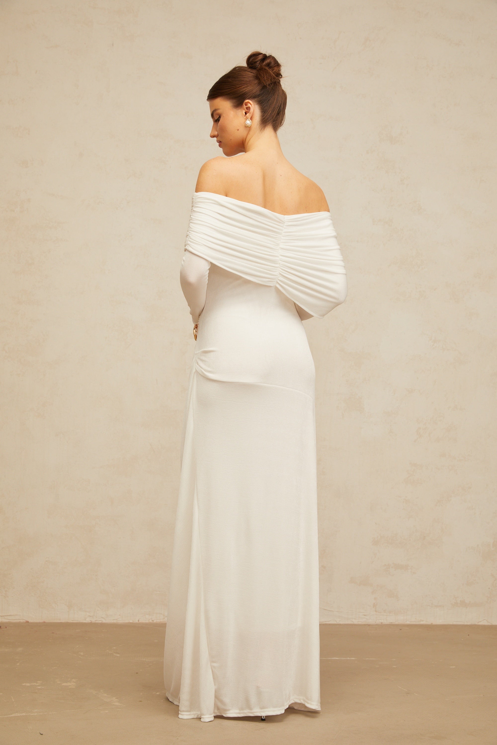 Hélène ruched fitted stretch maxi dress in White