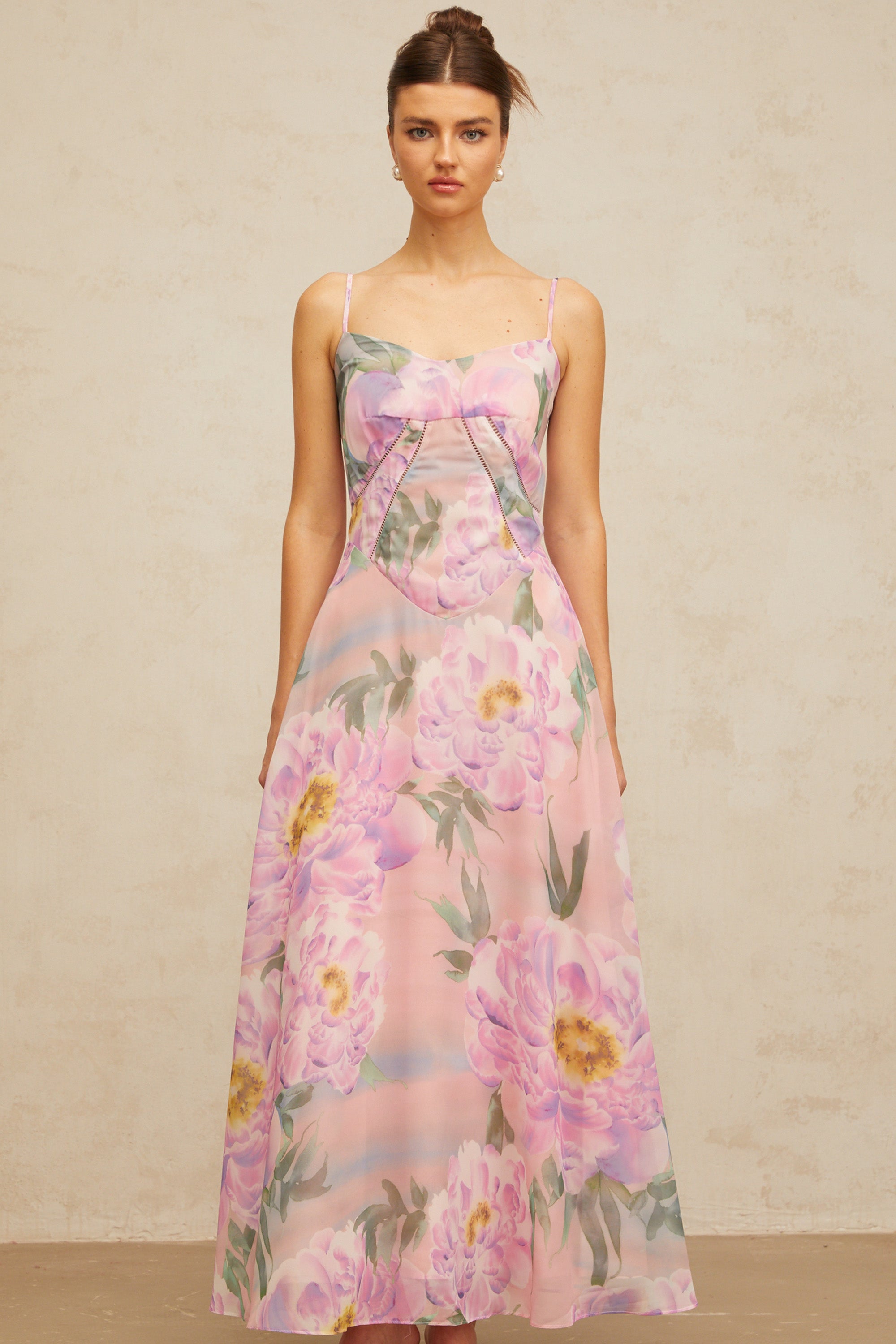 Gaëlle pink floral-print draped maxi dress