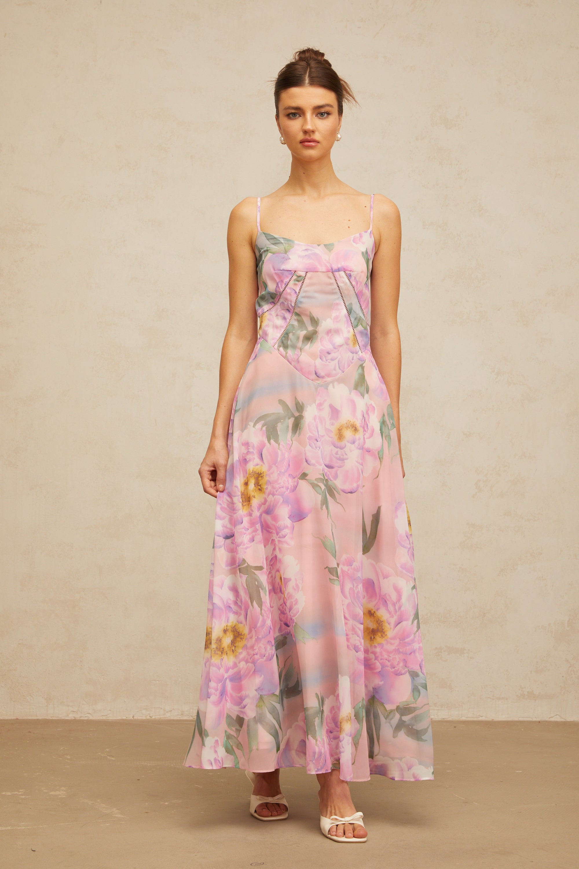 Gaëlle pink floral-print draped maxi dress