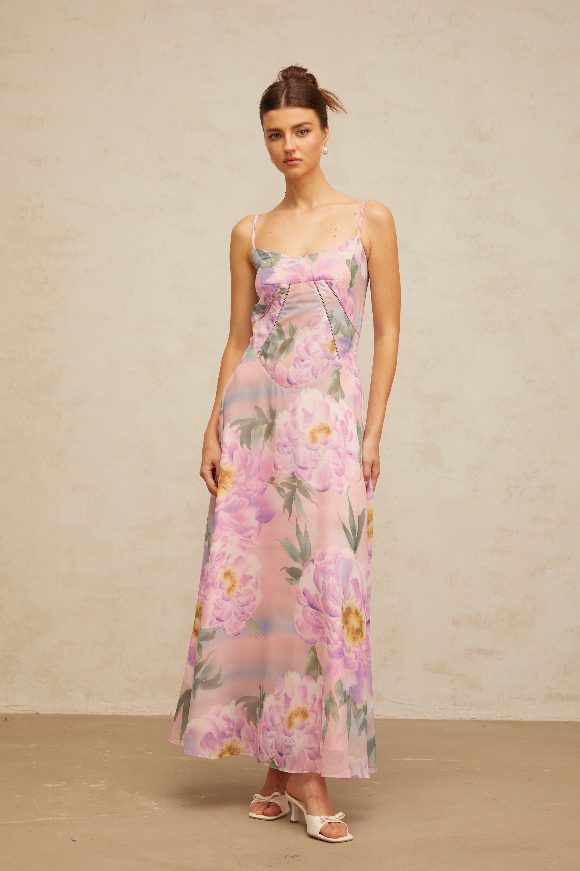 Gaëlle pink floral-print draped maxi dress