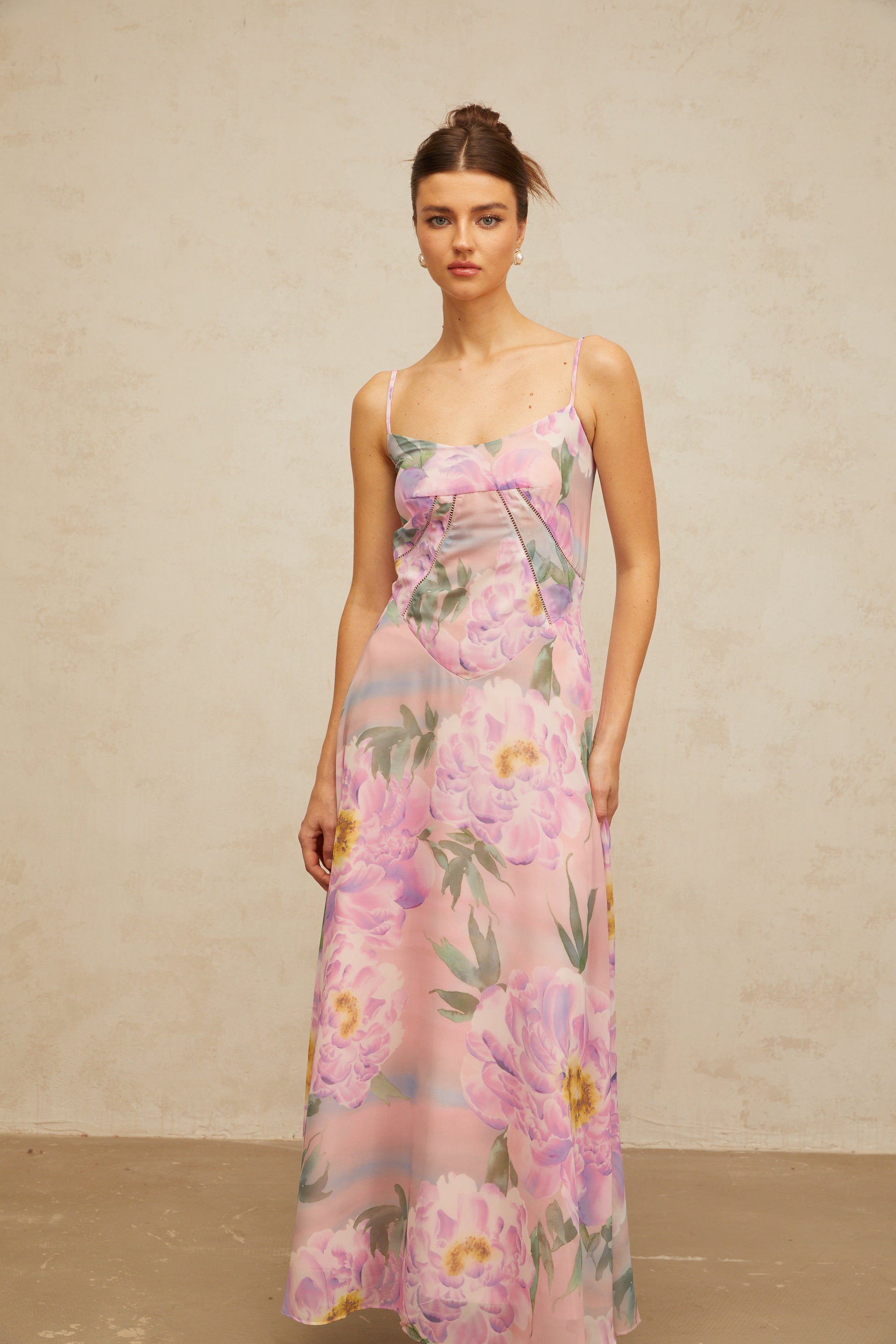 Gaëlle pink floral-print draped maxi dress