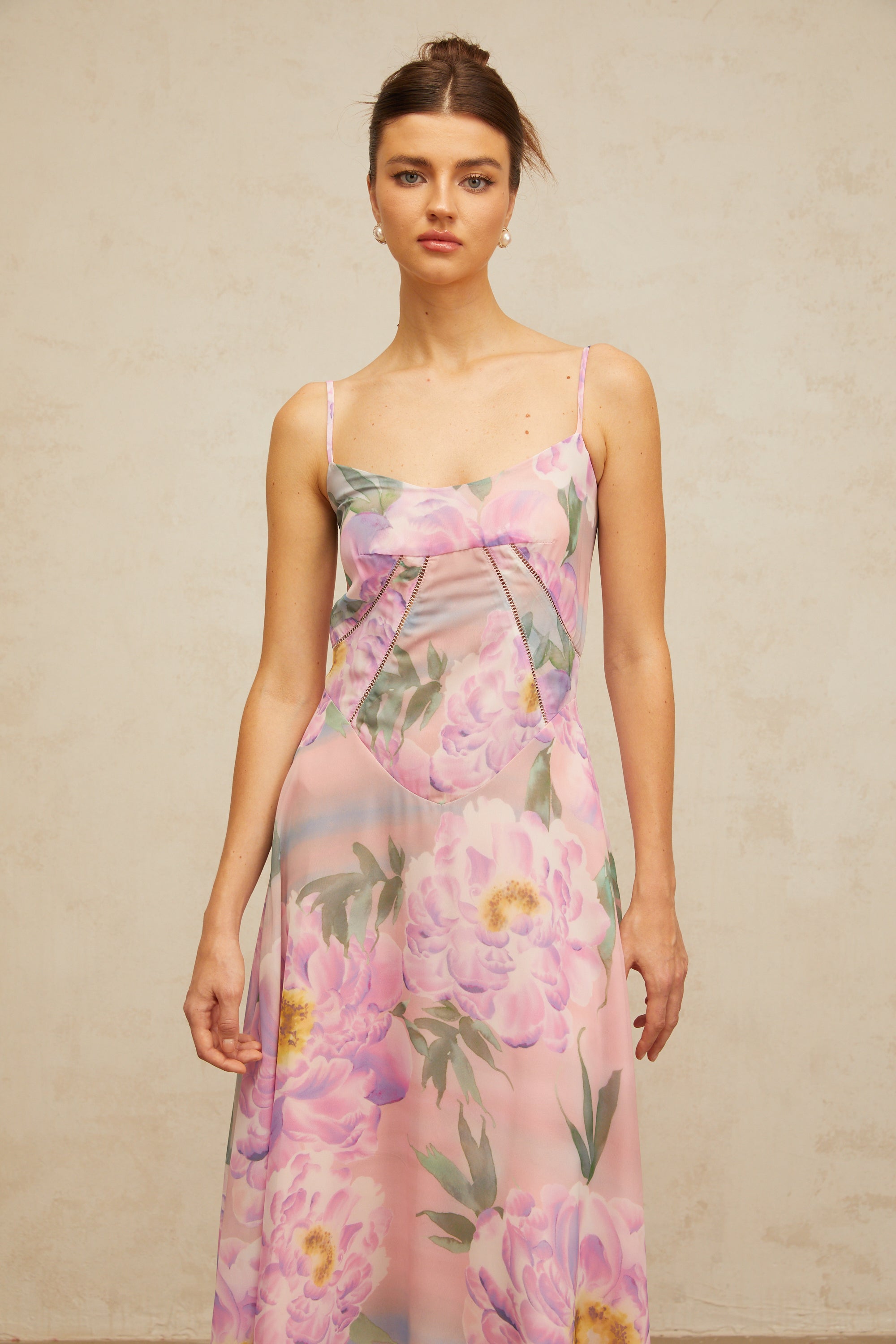 Gaëlle pink floral-print draped maxi dress