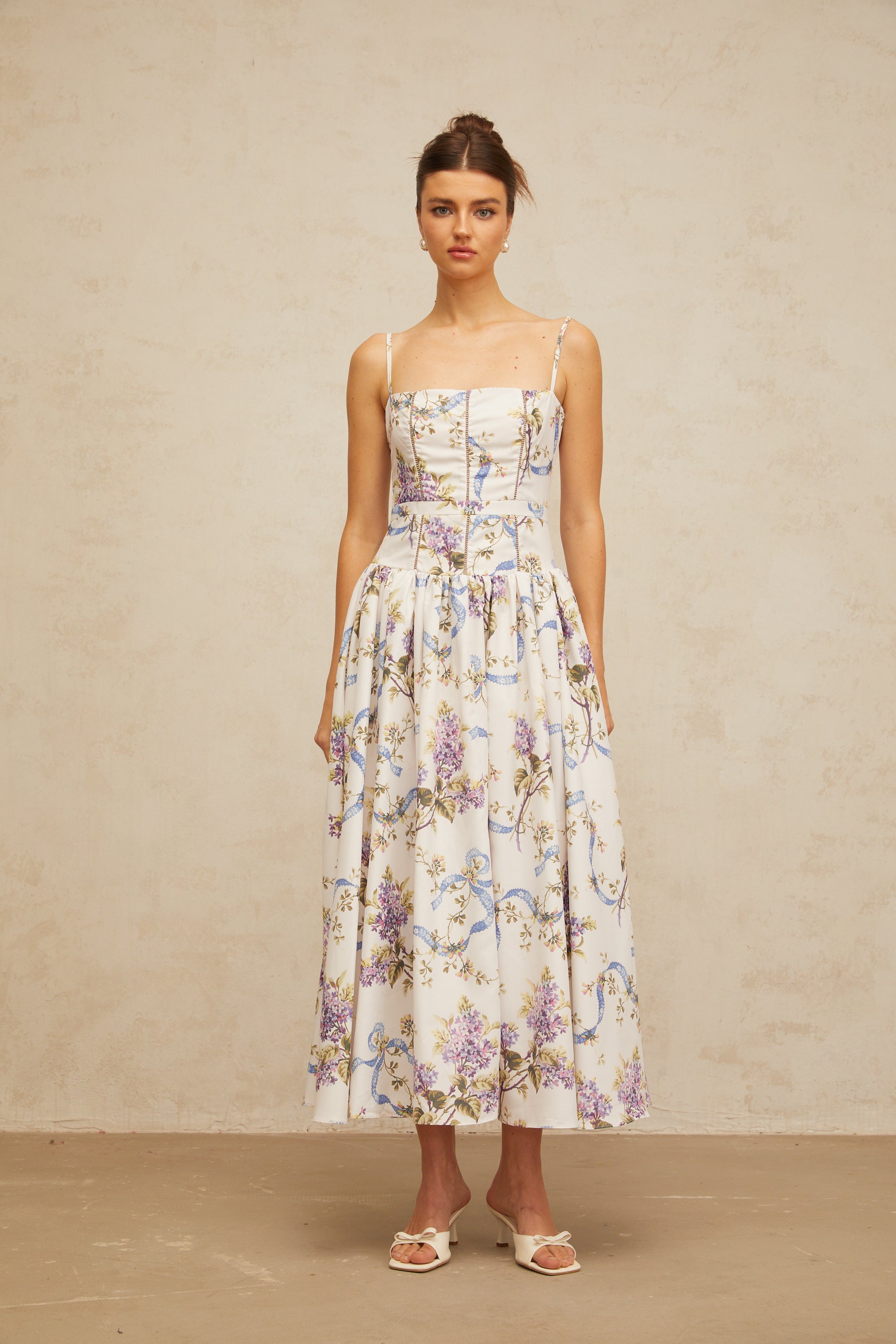 Fleur floral-print midi dress in White