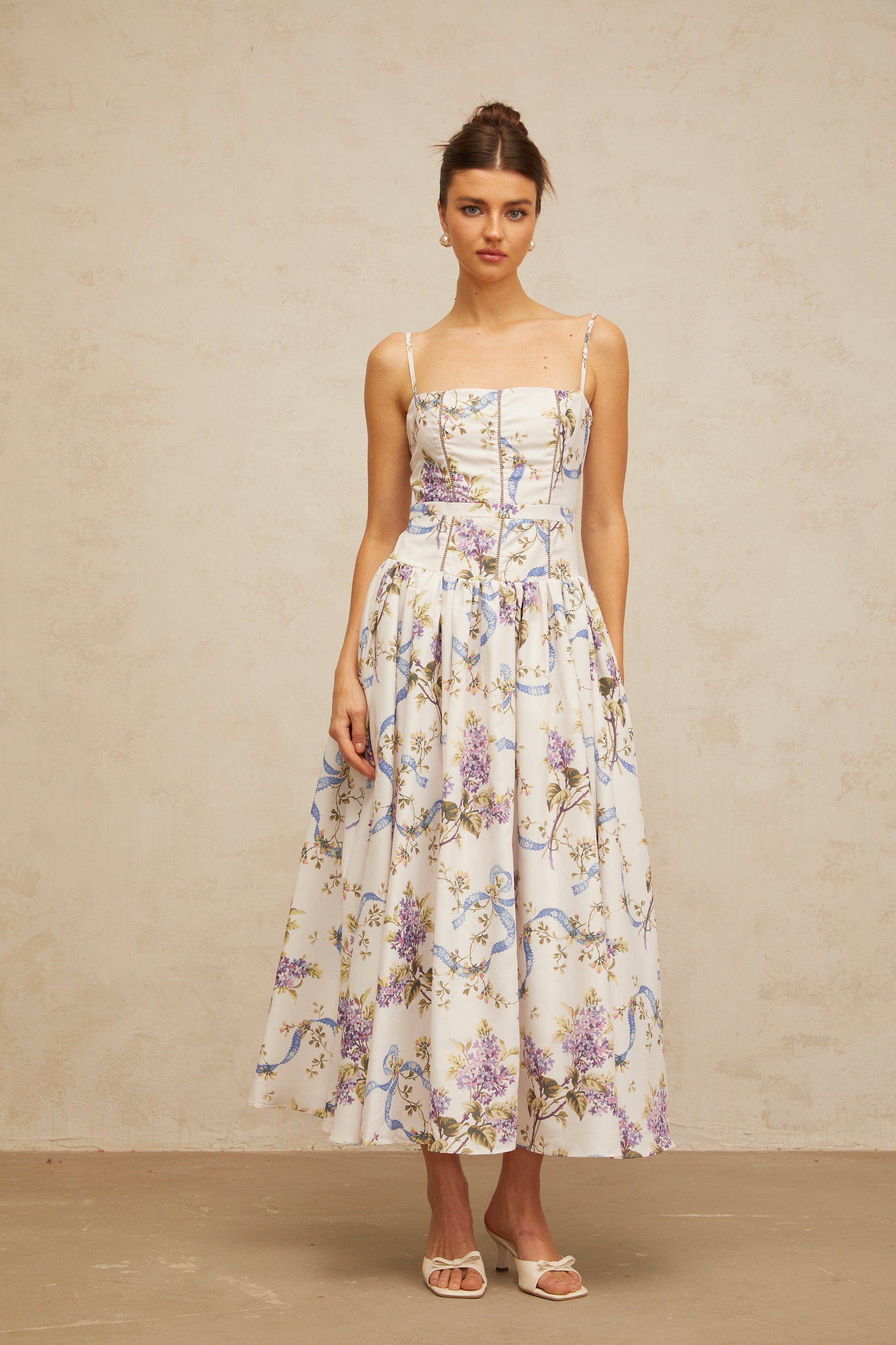 Fleur floral-print midi dress in White