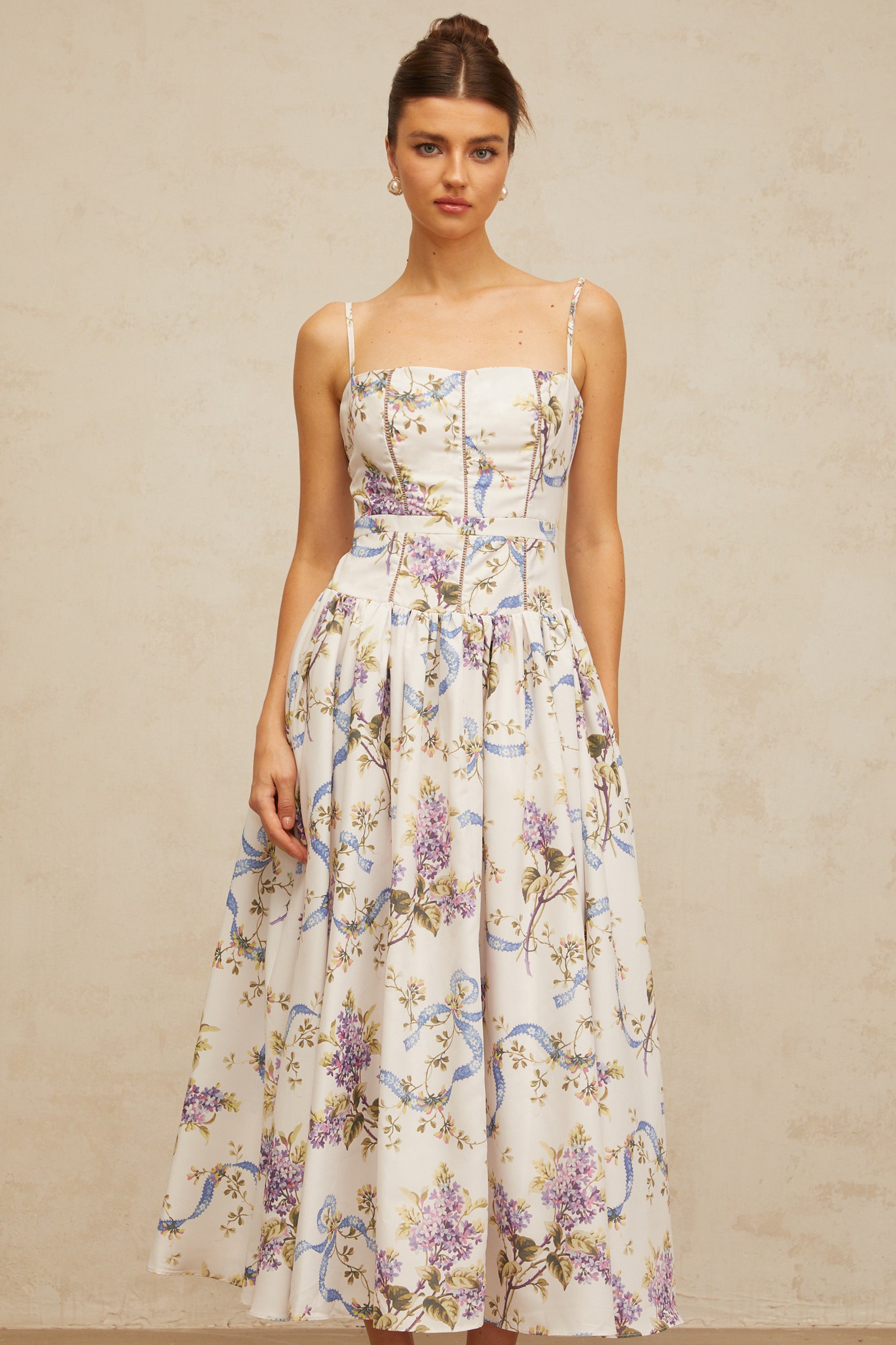 Fleur floral-print midi dress in White