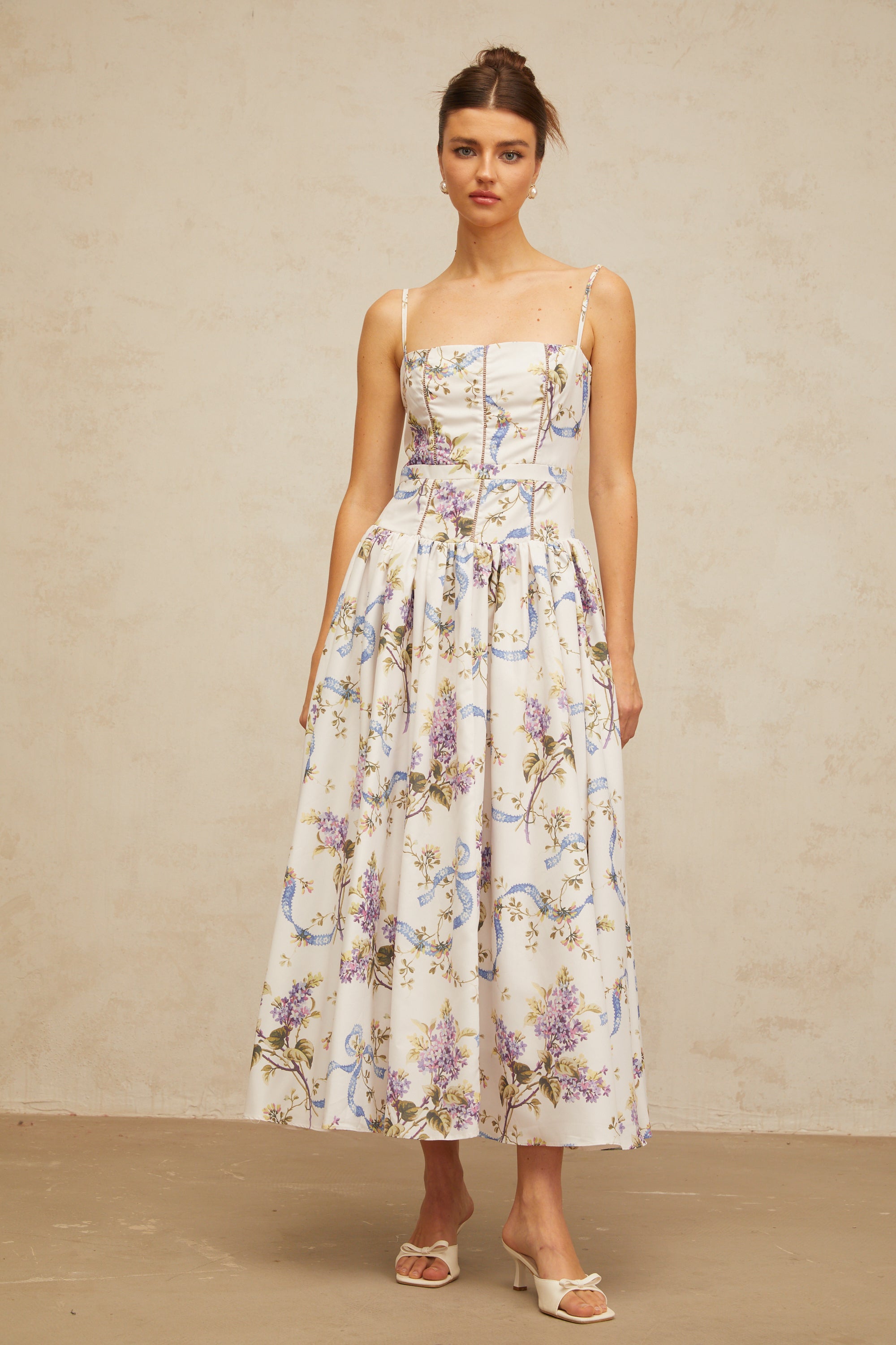 Fleur floral-print midi dress in White