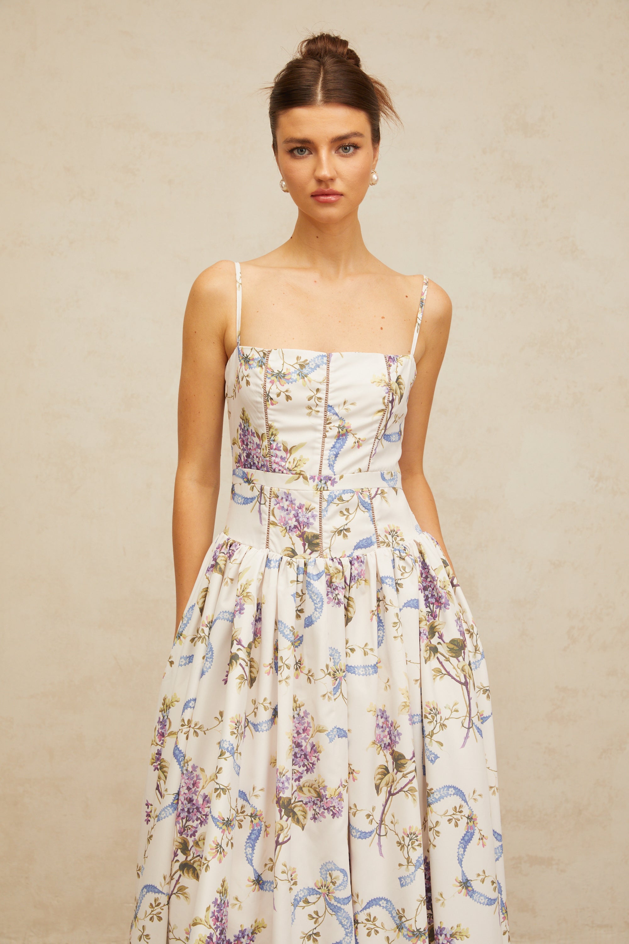 Fleur floral-print midi dress in White