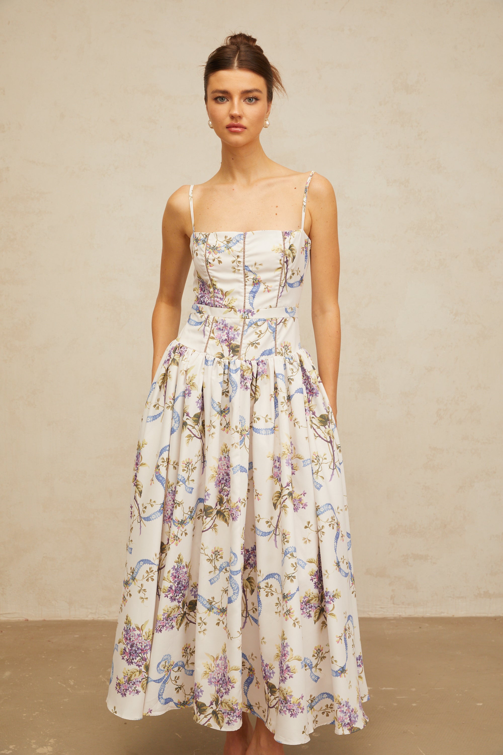 Fleur floral-print midi dress in White