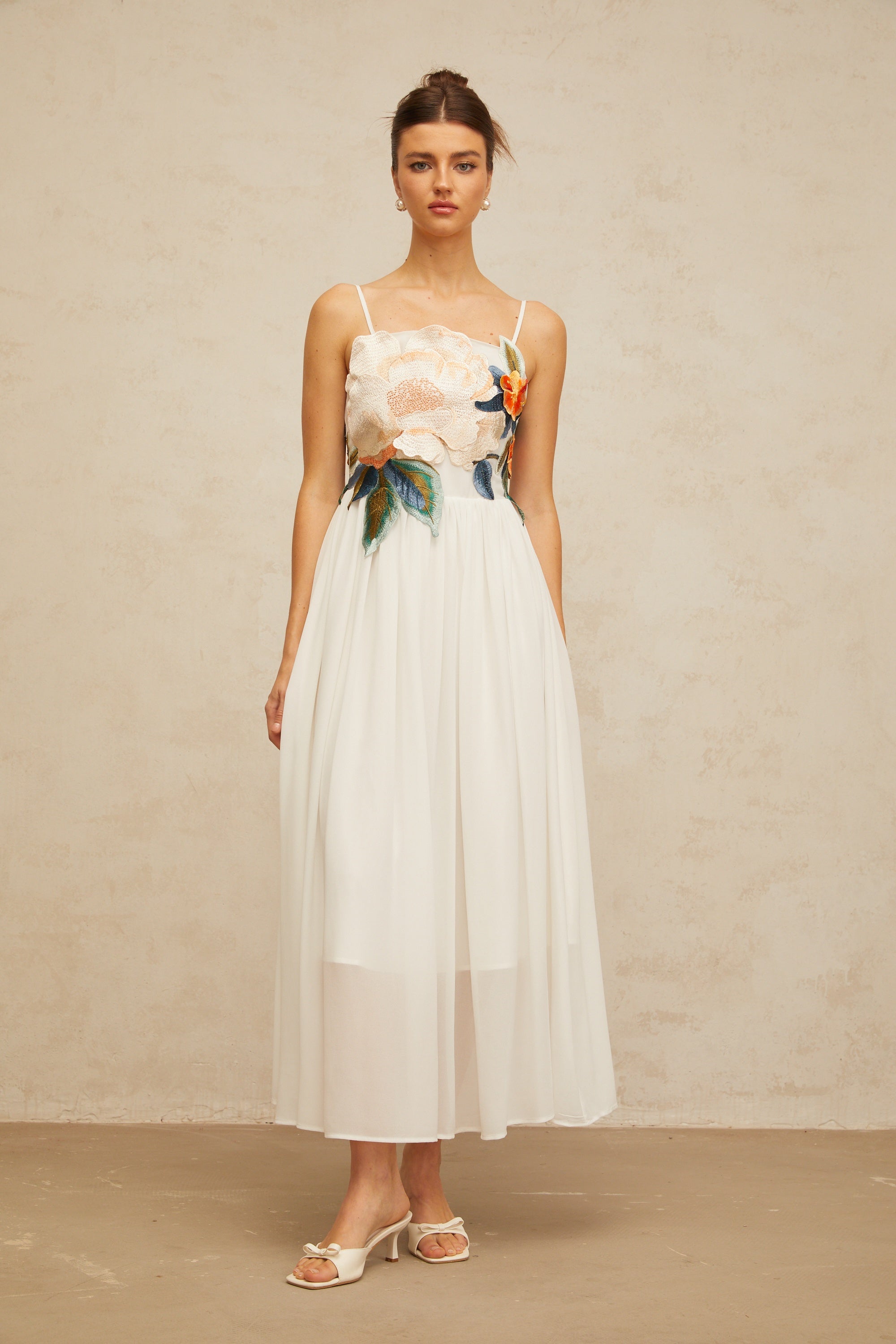 Josette floral-embroidered shirred maxi dress in White