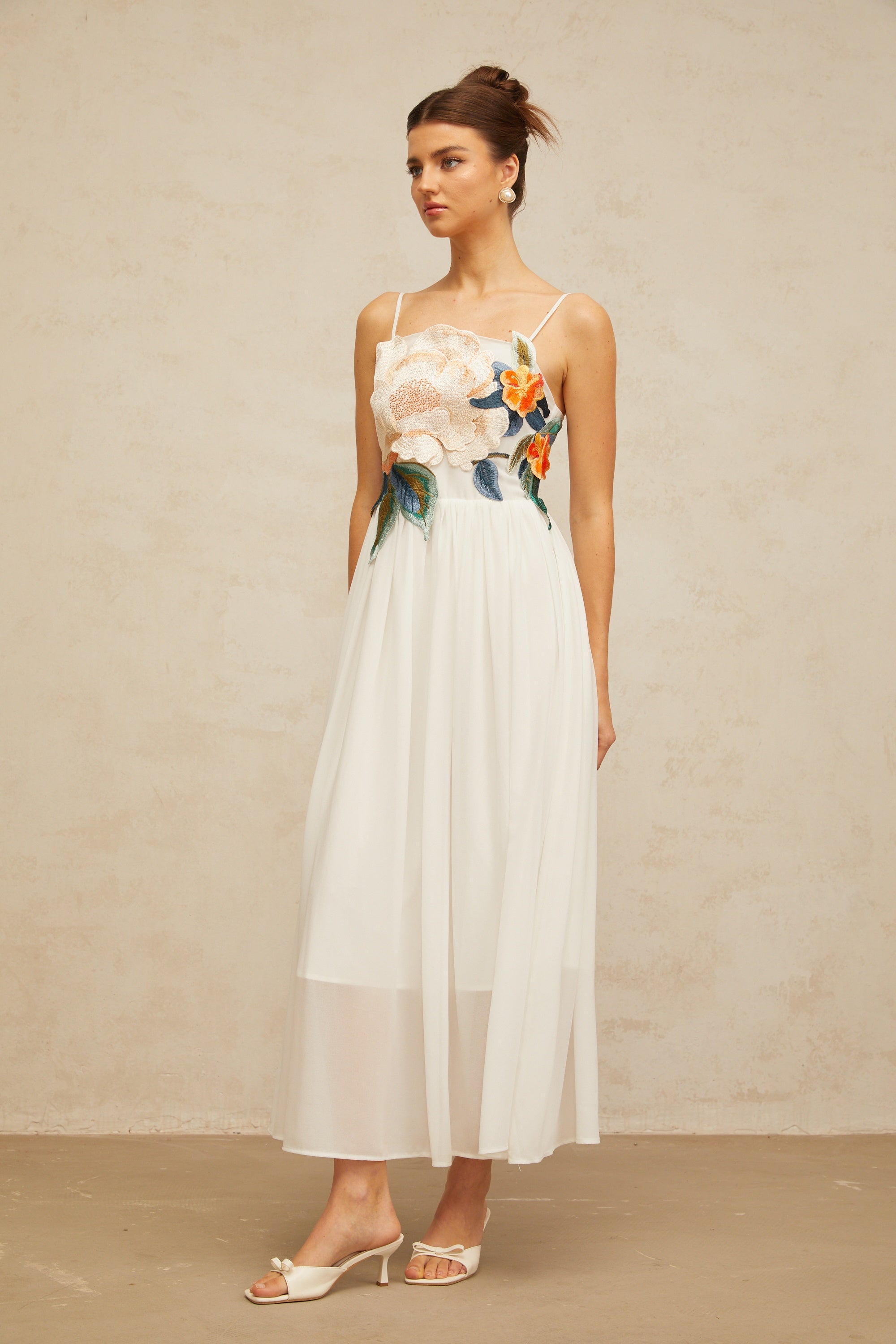 Josette floral-embroidered shirred maxi dress in White