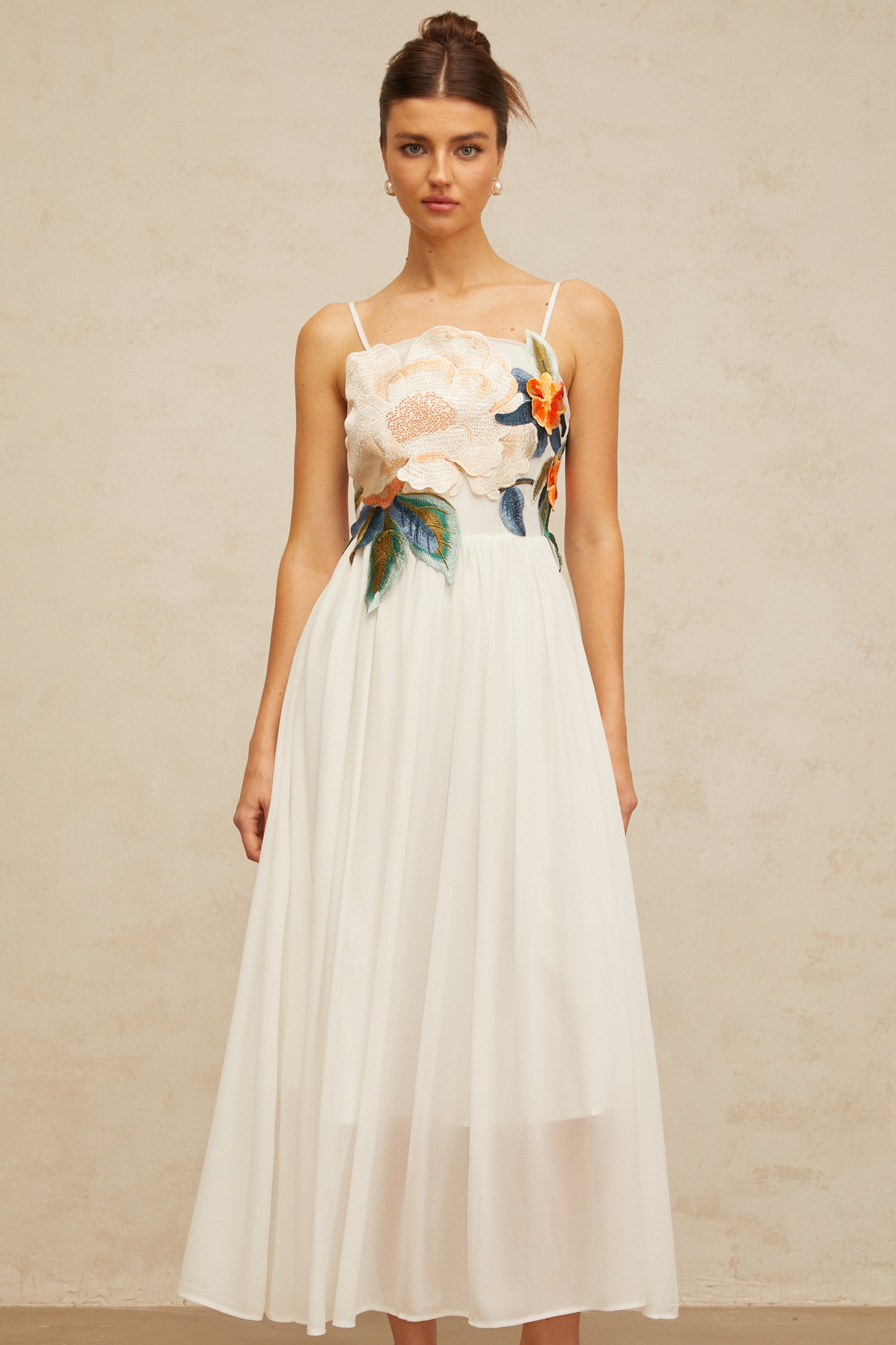 Josette floral-embroidered shirred maxi dress in White