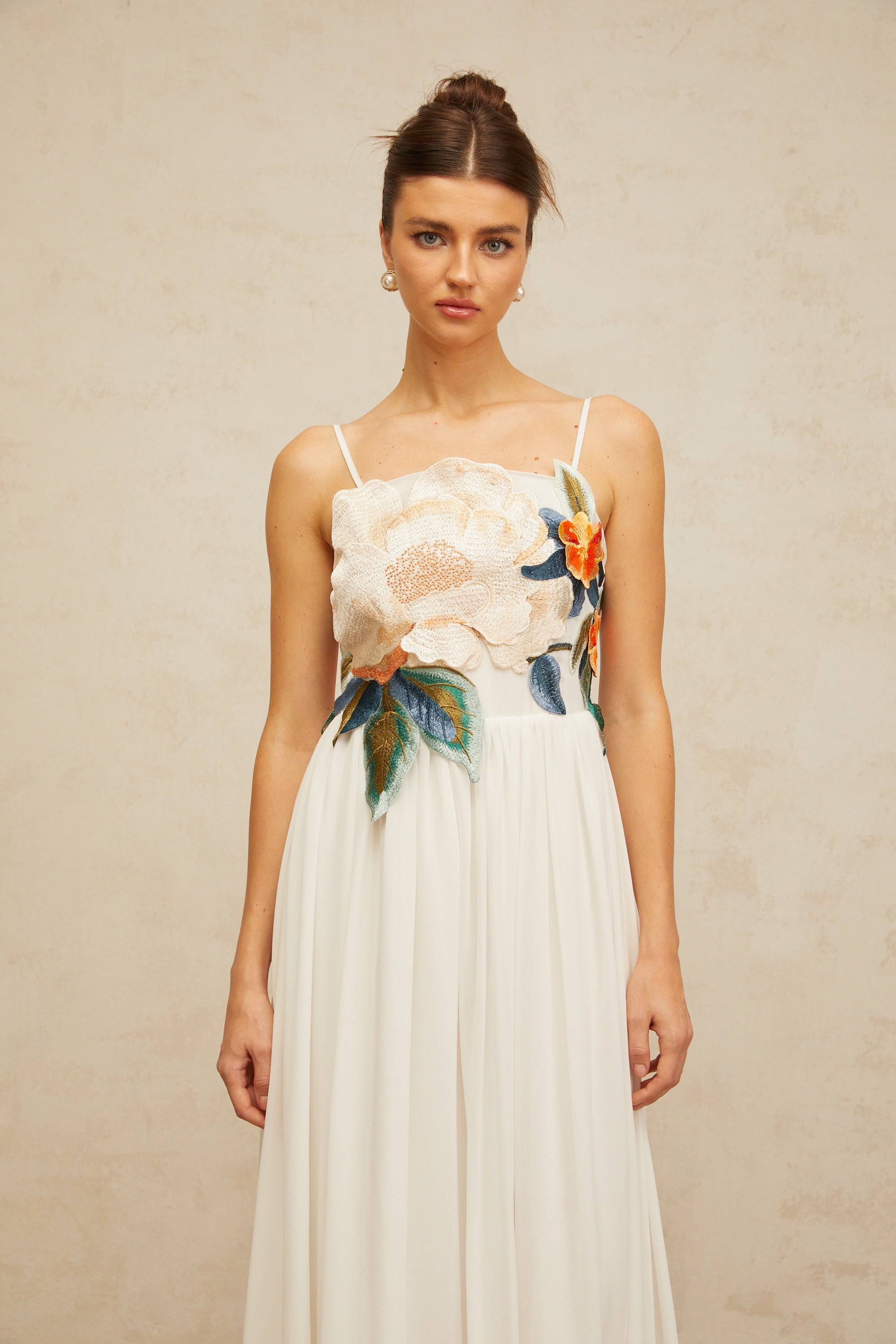 Josette floral-embroidered shirred maxi dress in White