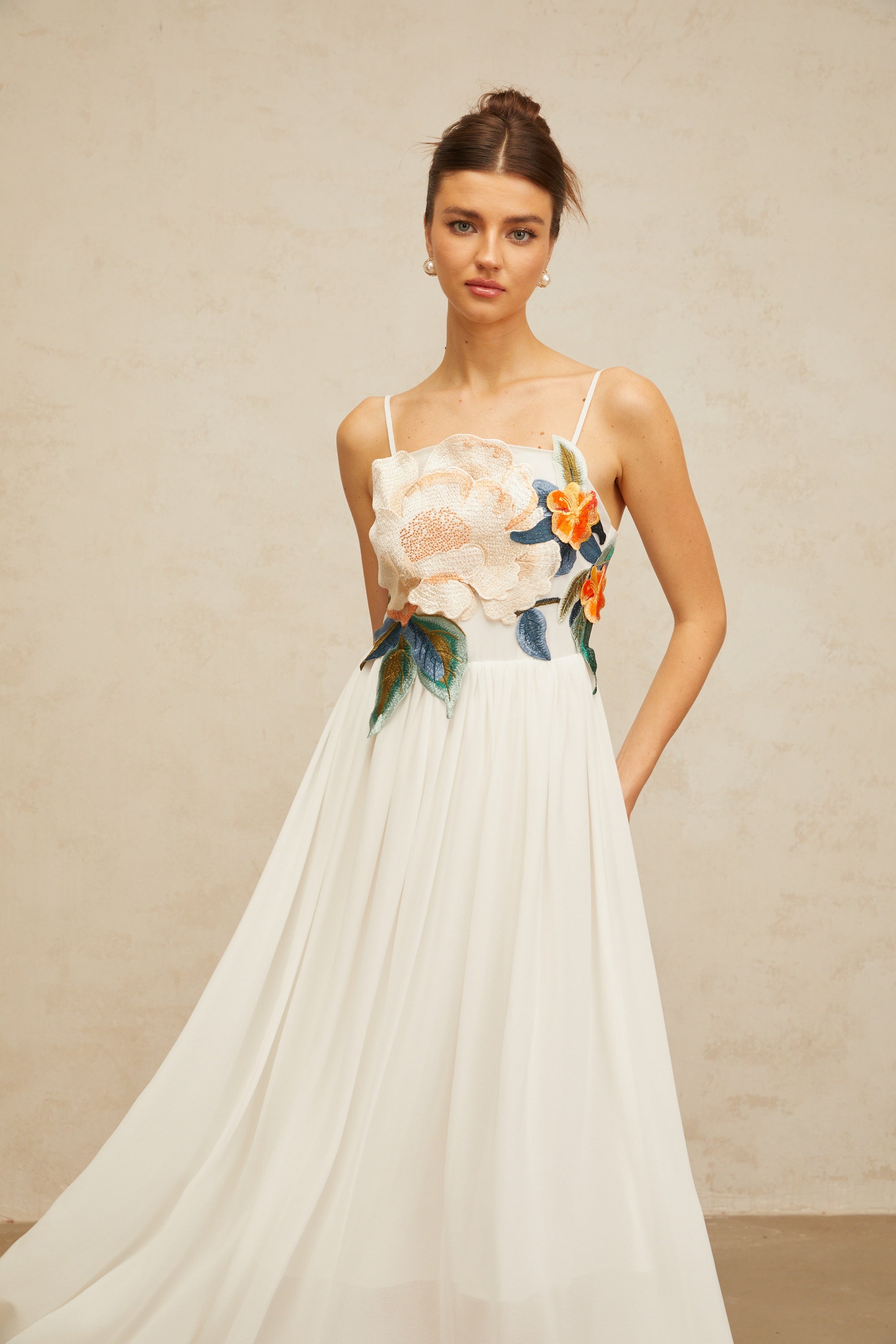 Josette floral-embroidered shirred maxi dress in White