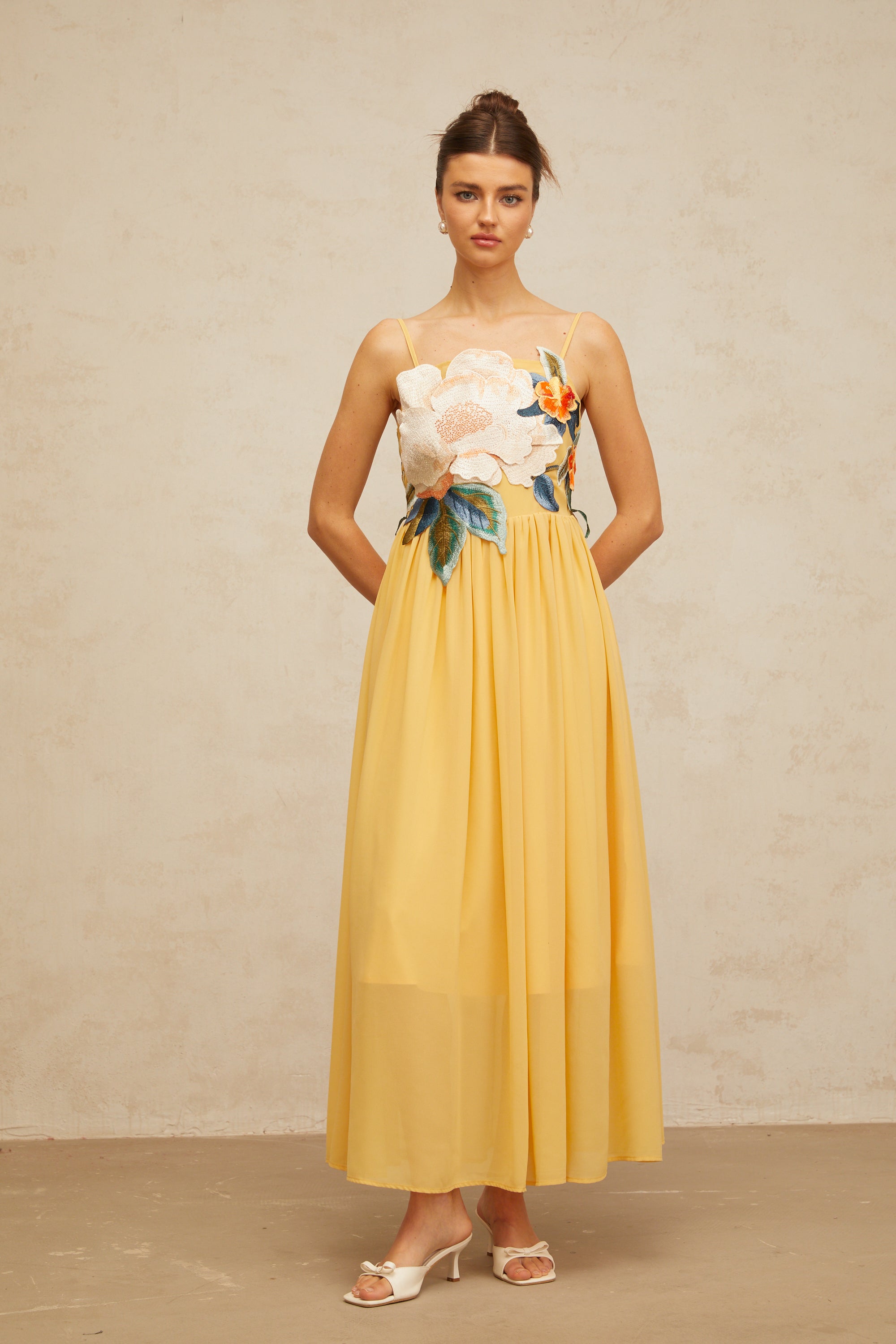 Josette floral-embroidered shirred maxi dress in Yellow