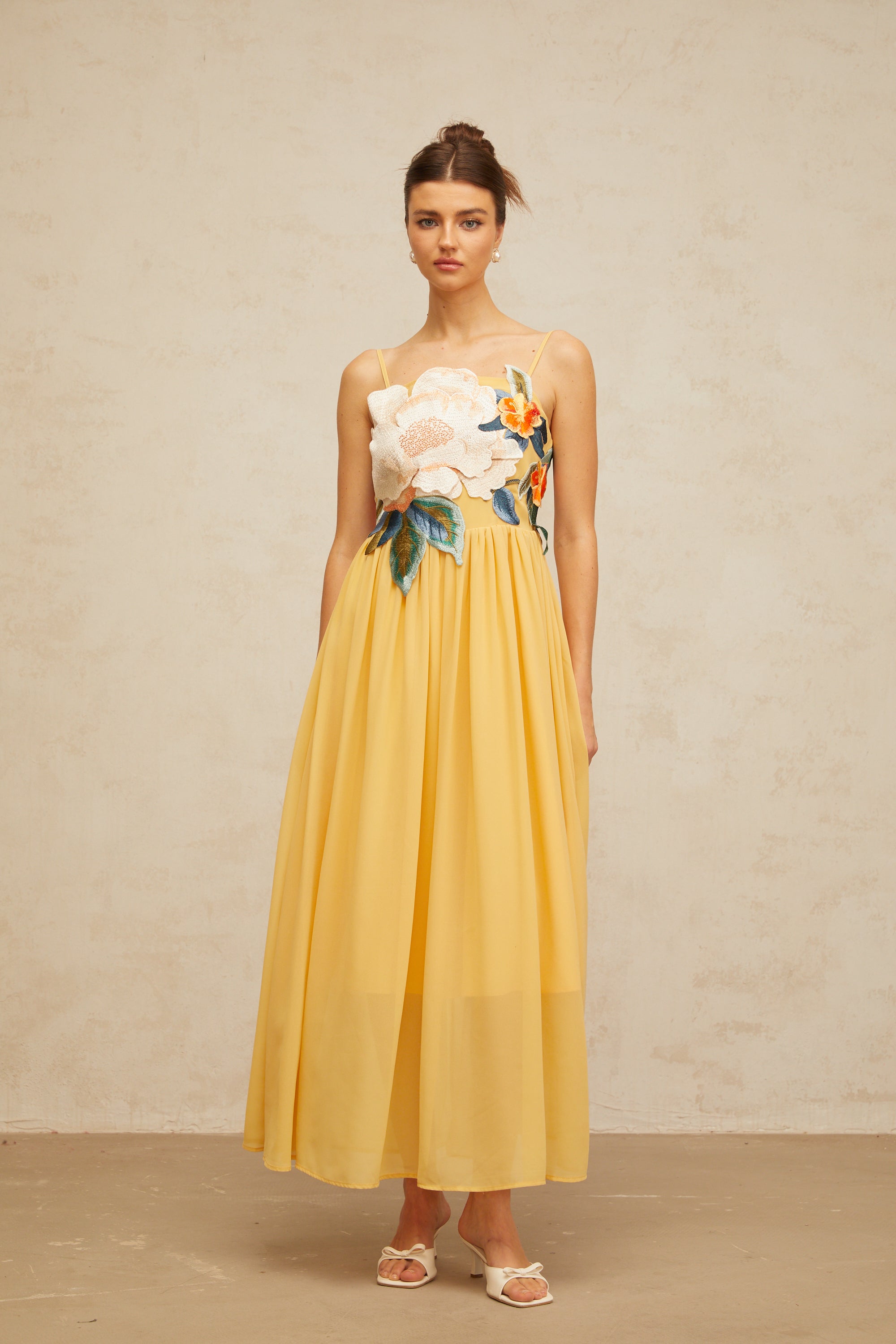 Josette floral-embroidered shirred maxi dress in Yellow