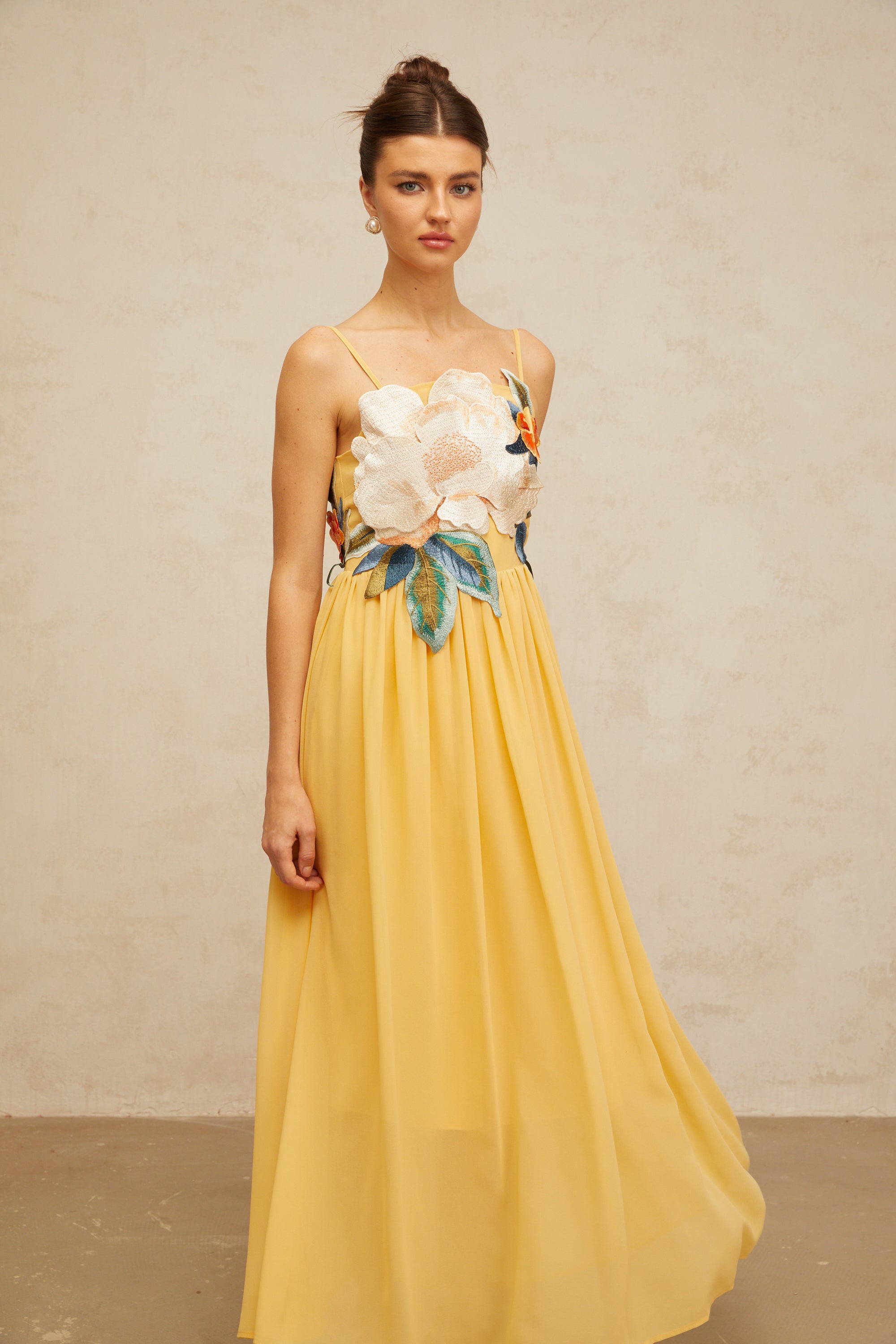 Josette floral-embroidered shirred maxi dress in Yellow