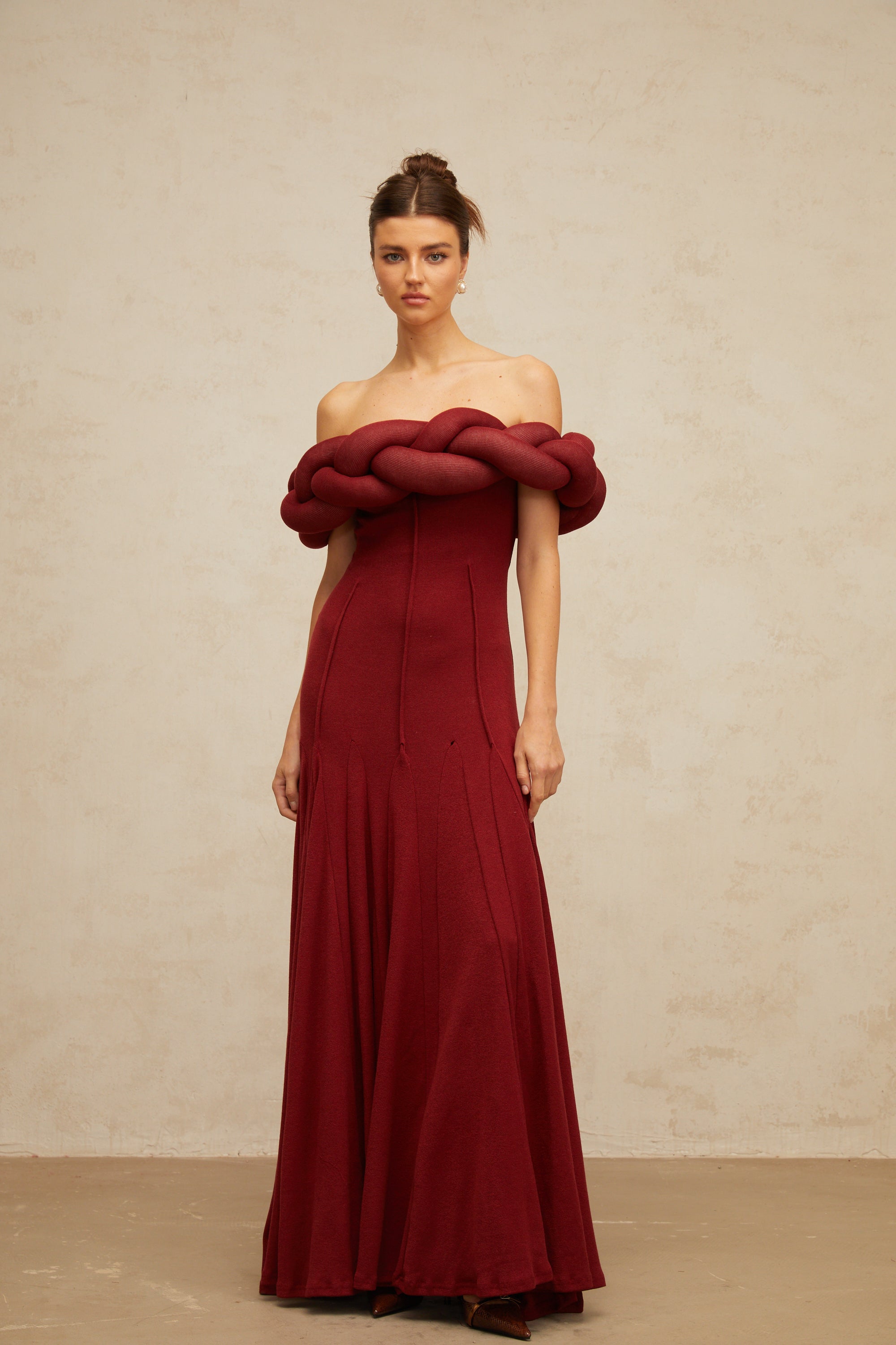 Roxane red braid-design knit maxi dress