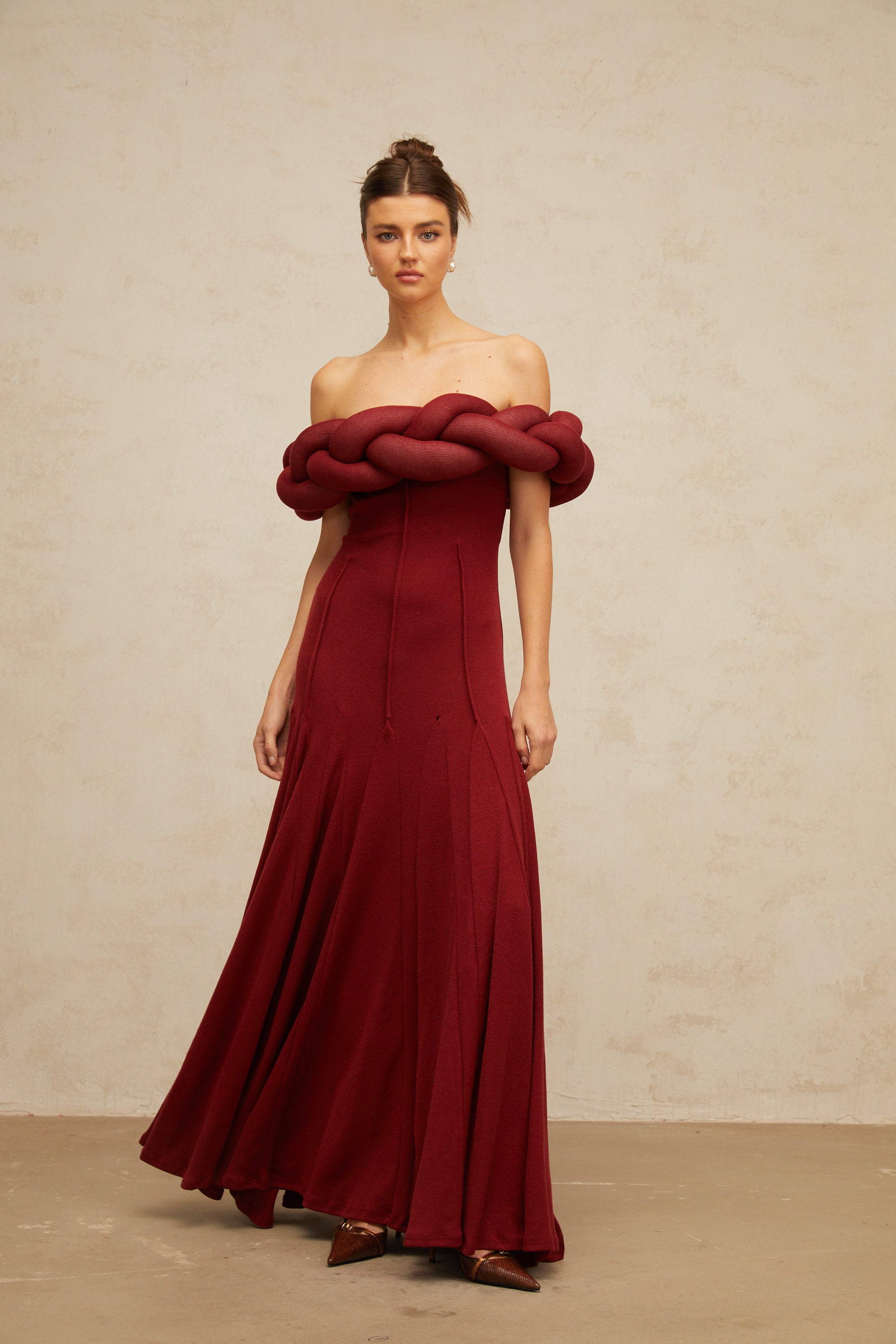 Roxane red braid-design knit maxi dress