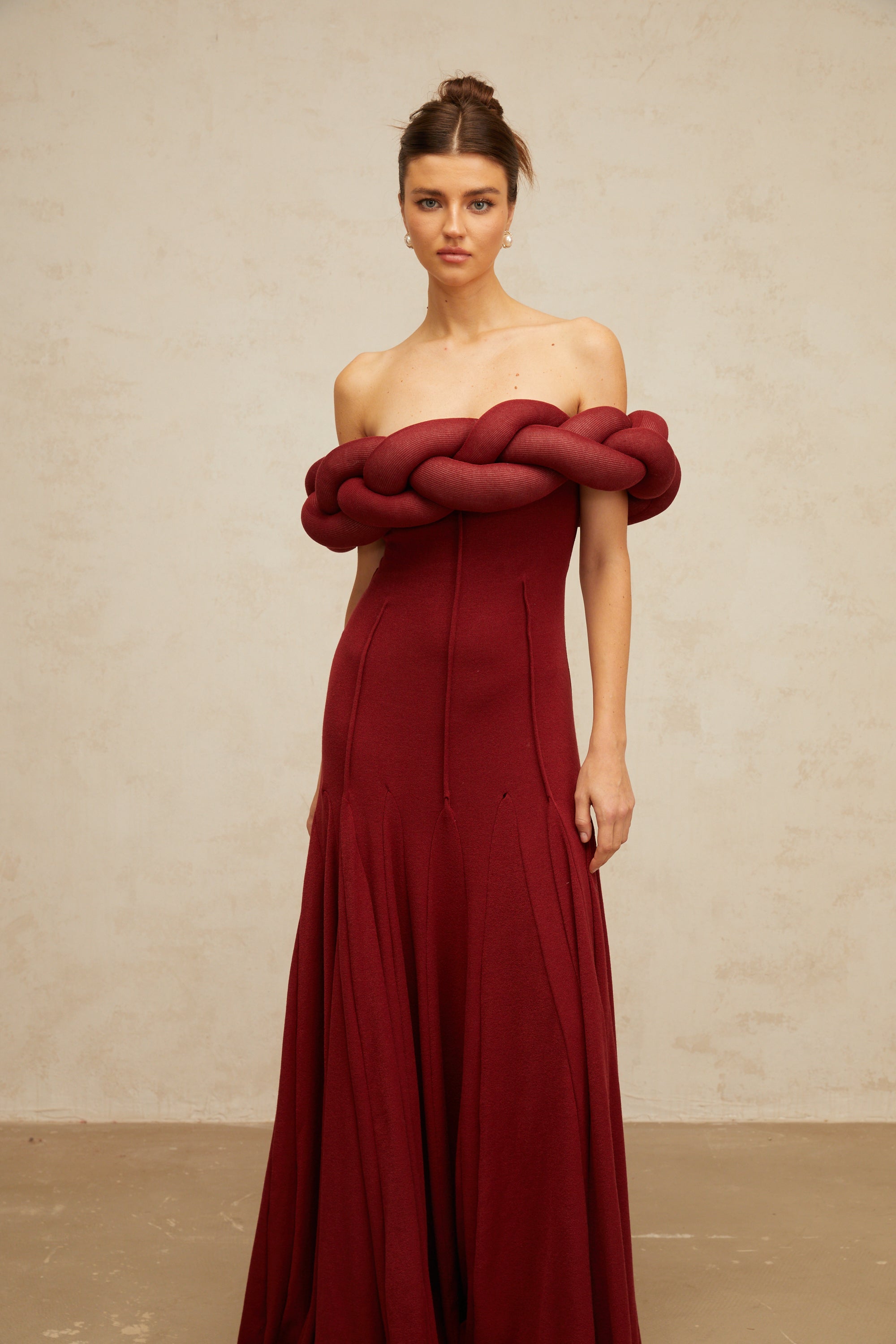 Roxane red braid-design knit maxi dress