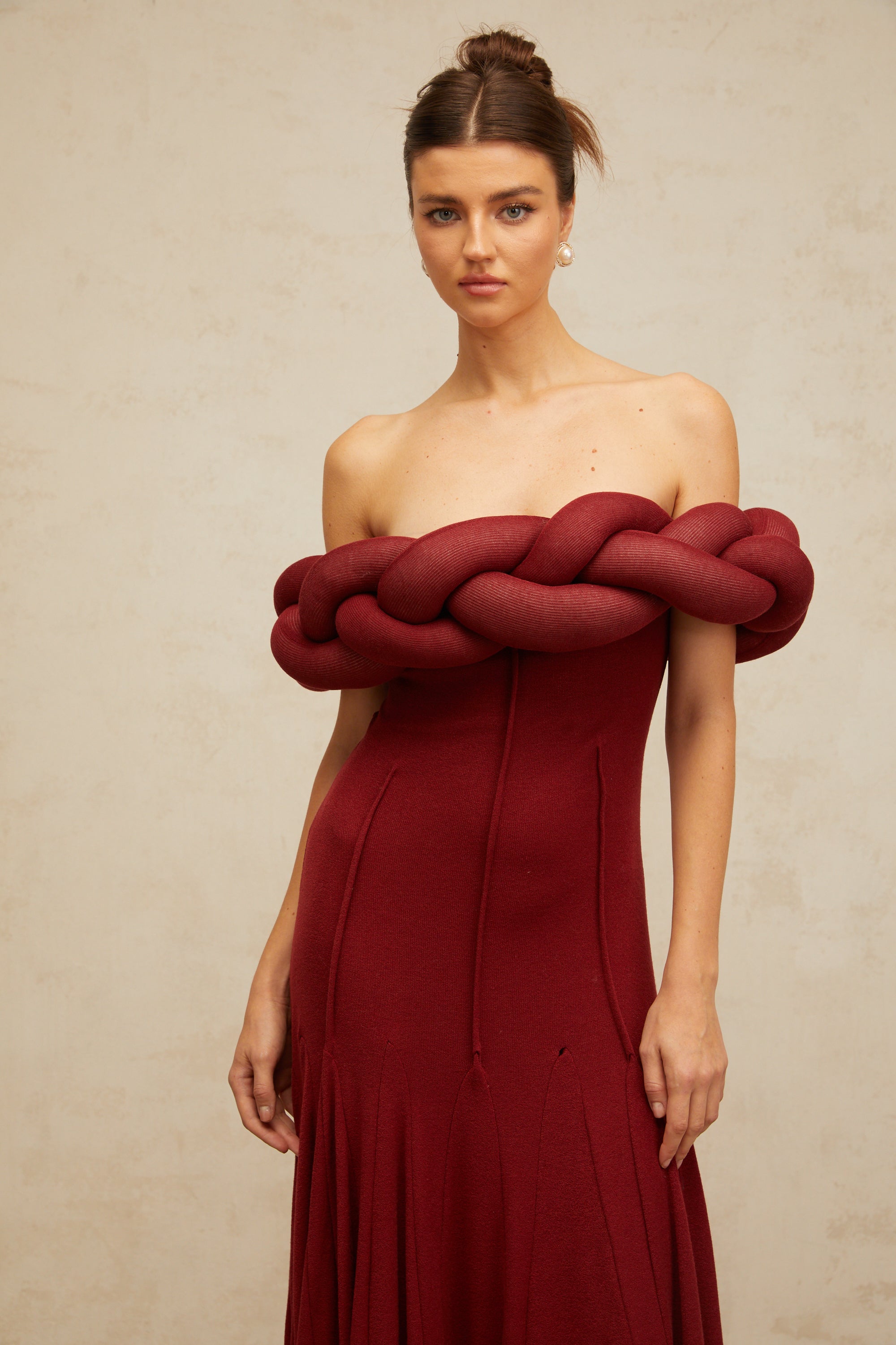 Roxane red braid-design knit maxi dress