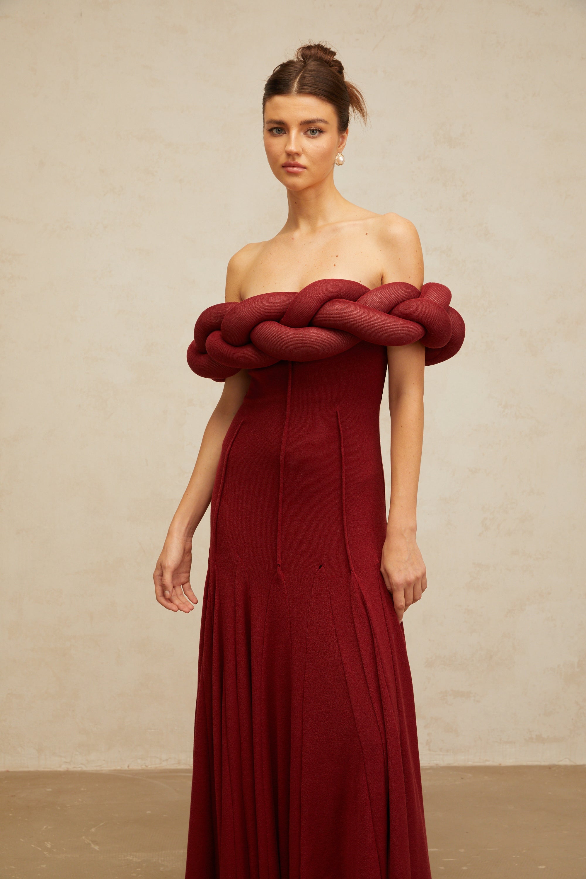 Roxane red braid-design knit maxi dress