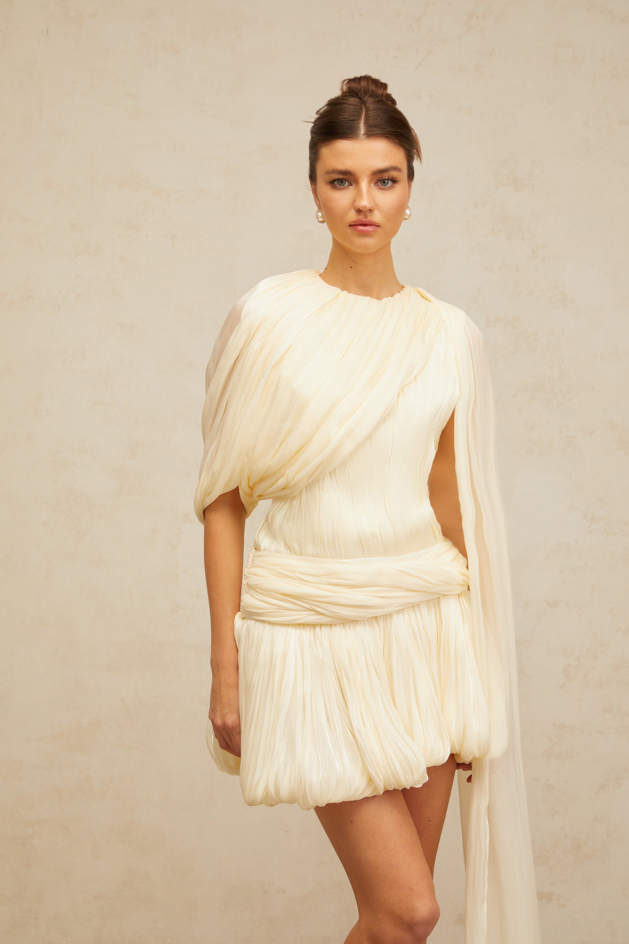 Cyrielle Pleated Mini Dress with Ribbon Design Accent