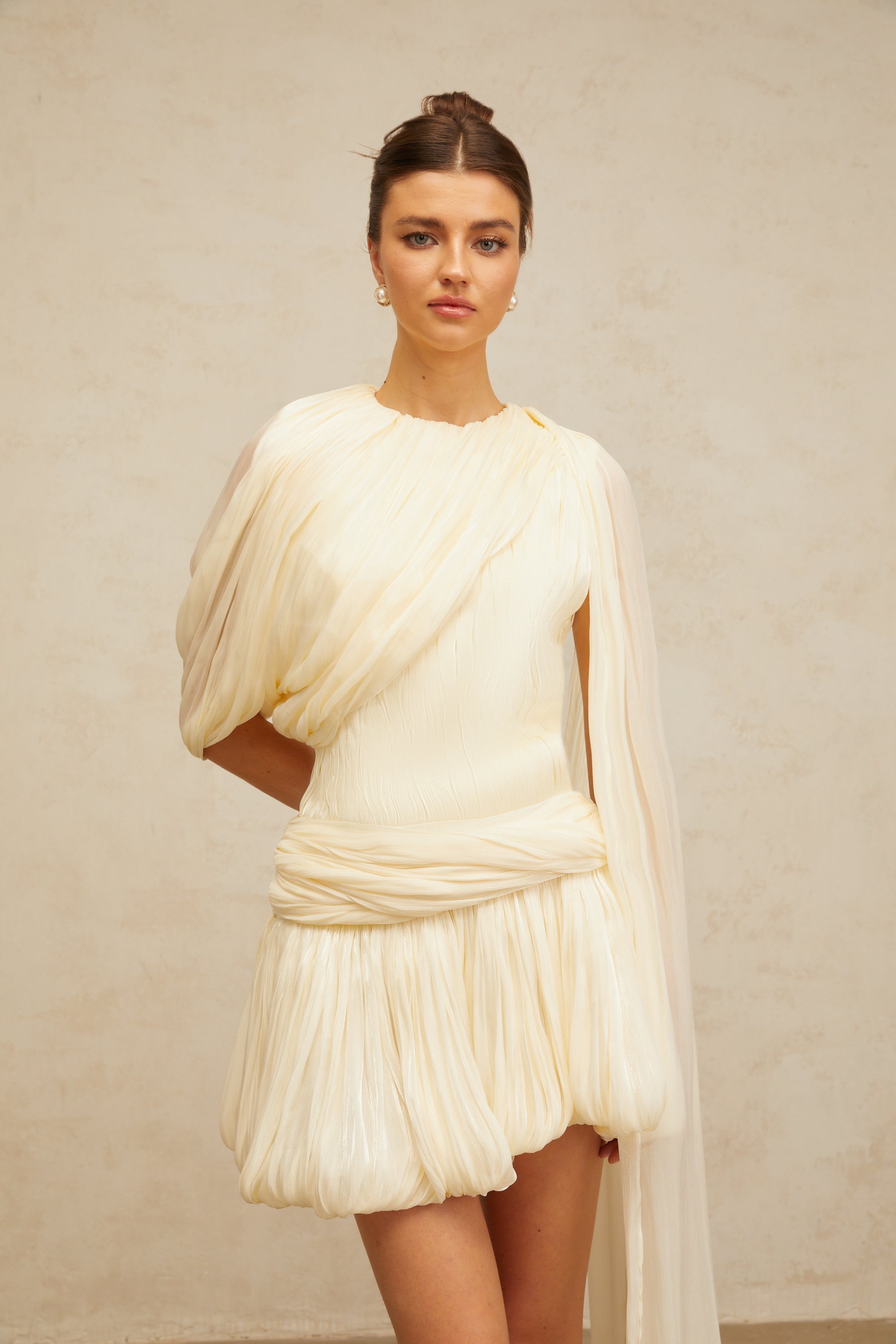 Cyrielle Pleated Mini Dress with Ribbon Design Accent