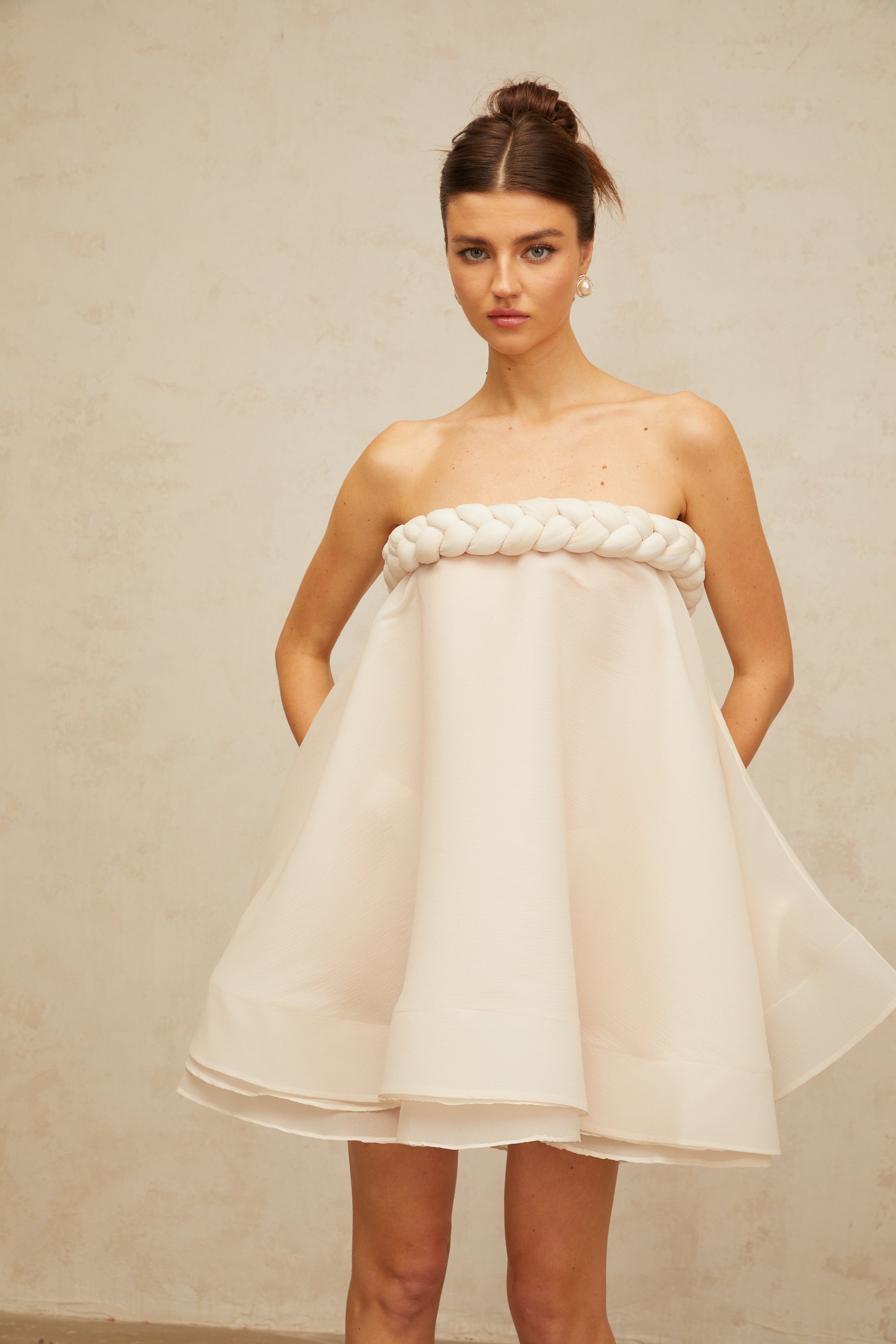 Violette white braid-detail puff mini dress